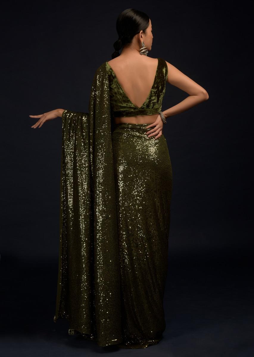 Kalki Fashion,M001M470Y-SG55331,Henna Green Ready Pleated Saree Embellished In Sequins With A Matching Velvet Blouse With Plunging Neckline