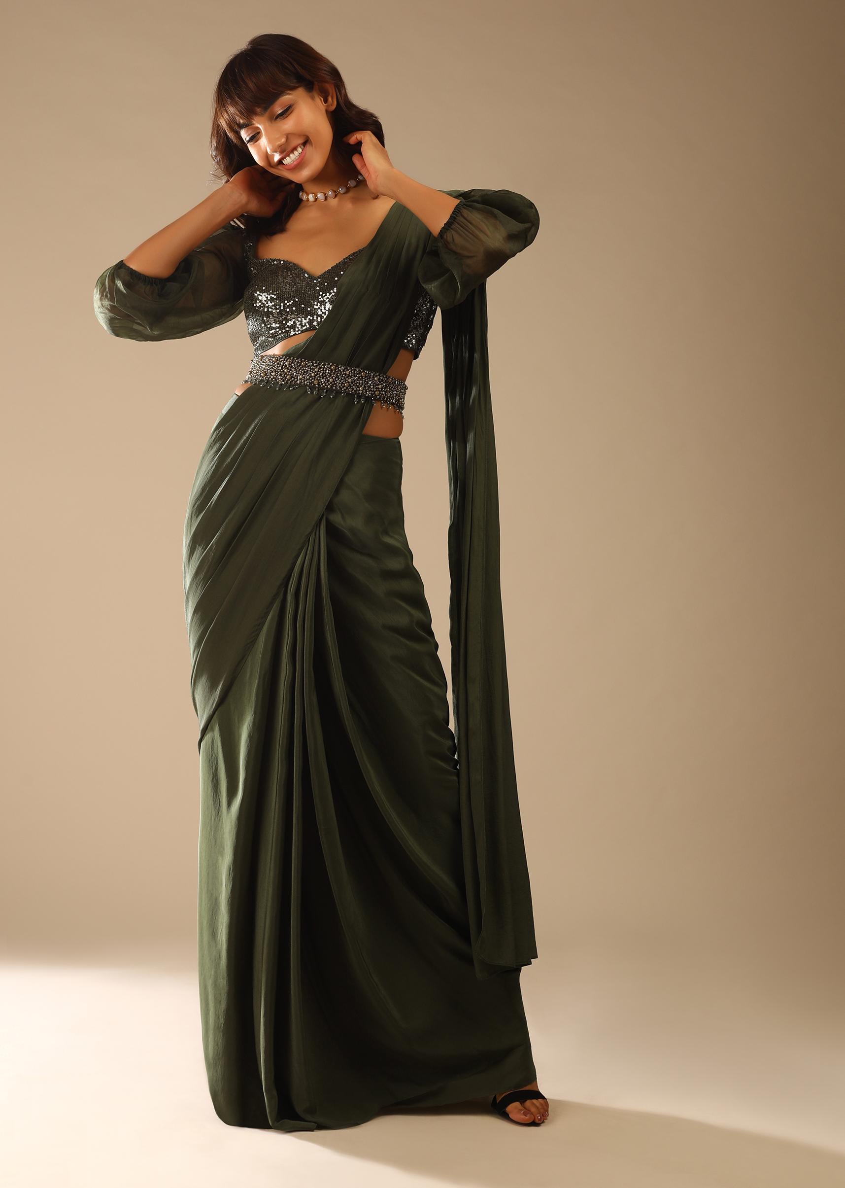 Kalki Fashion,M001AT371Y-SG61661,Henna Green Ready Pleated Saree In Crepe With Moti Embroidered Belt And Balloon Sleeves Blouse