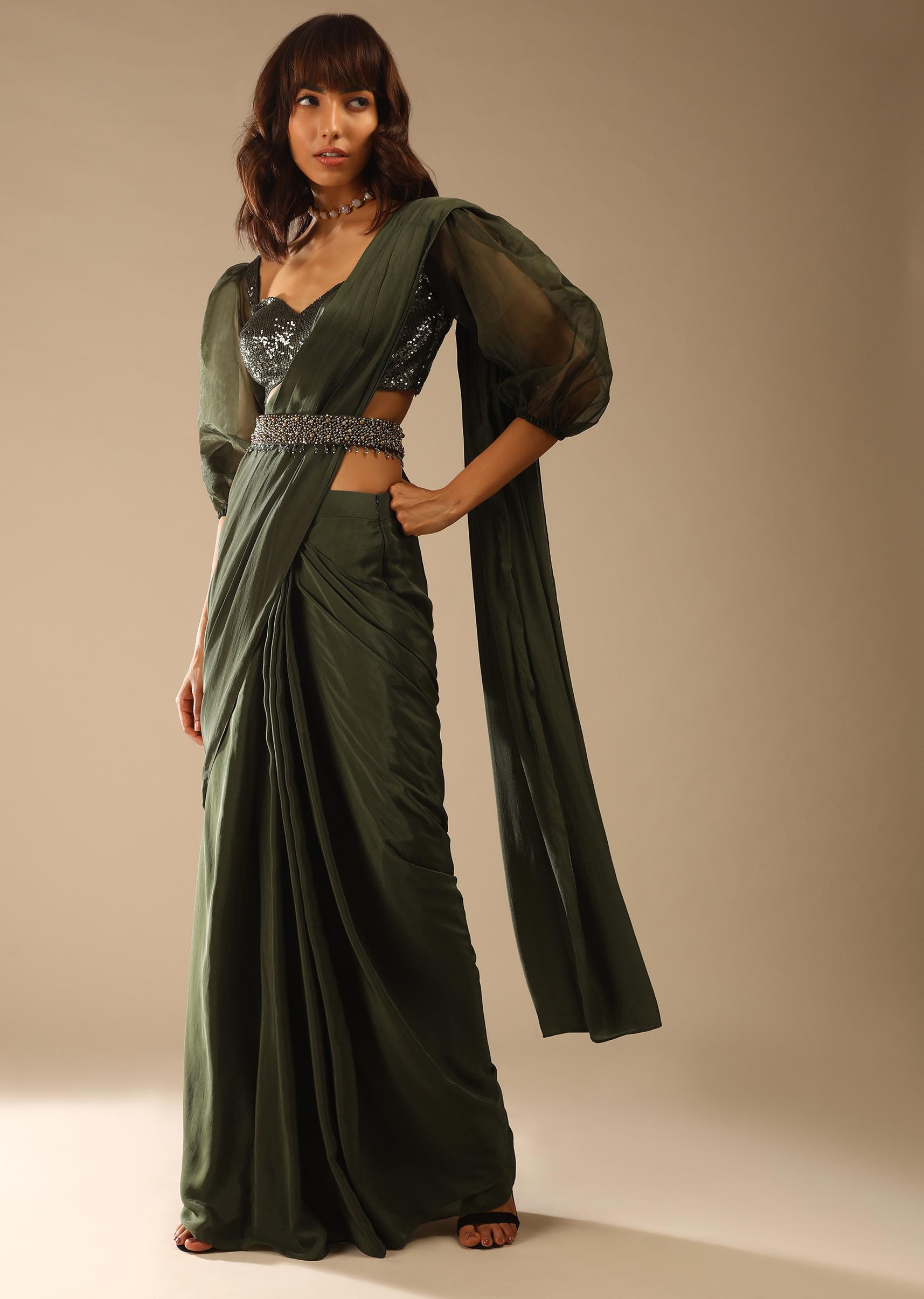 Kalki Fashion,M001AT371Y-SG61661,Henna Green Ready Pleated Saree In Crepe With Moti Embroidered Belt And Balloon Sleeves Blouse