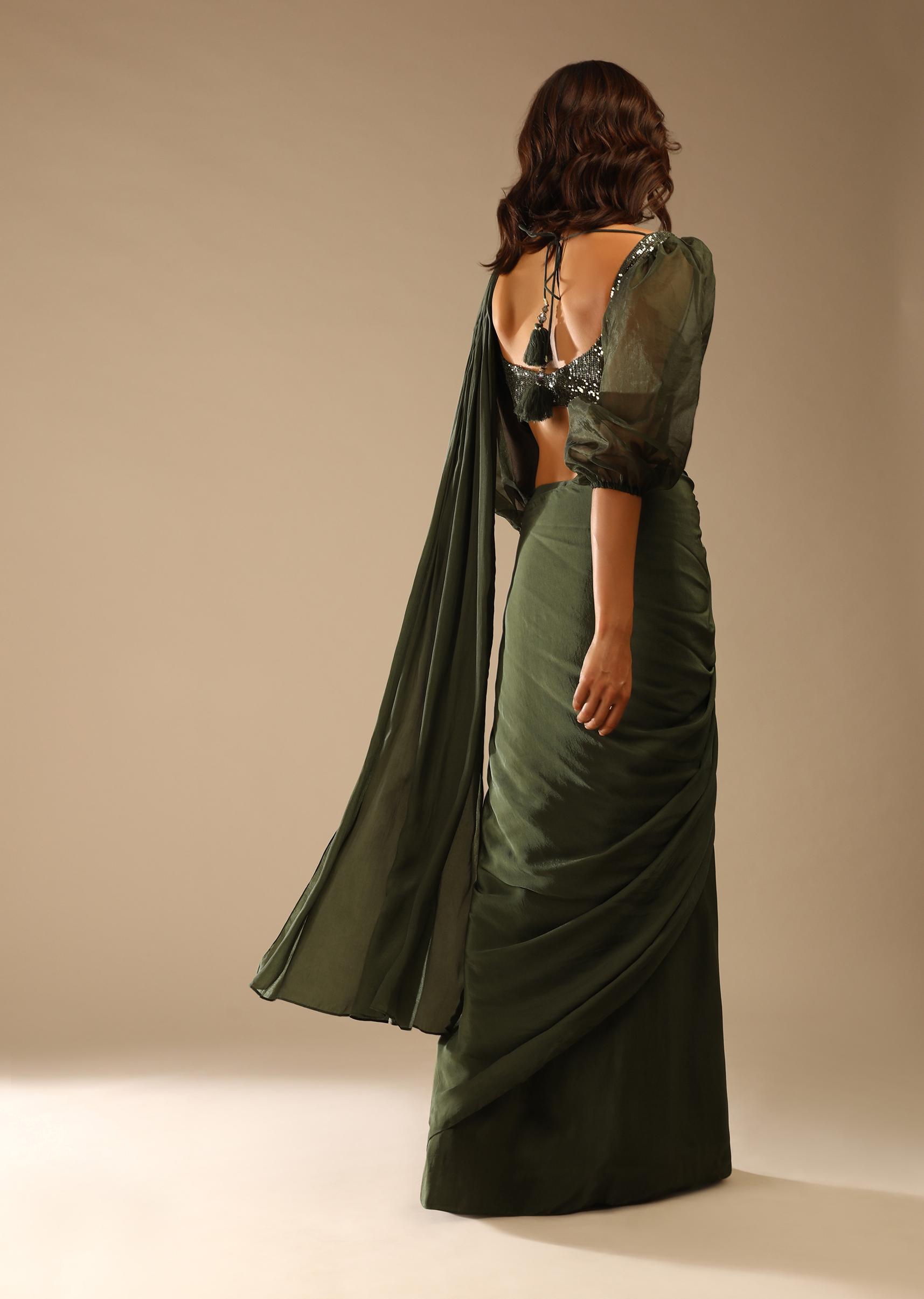 Kalki Fashion,M001AT371Y-SG61661,Henna Green Ready Pleated Saree In Crepe With Moti Embroidered Belt And Balloon Sleeves Blouse