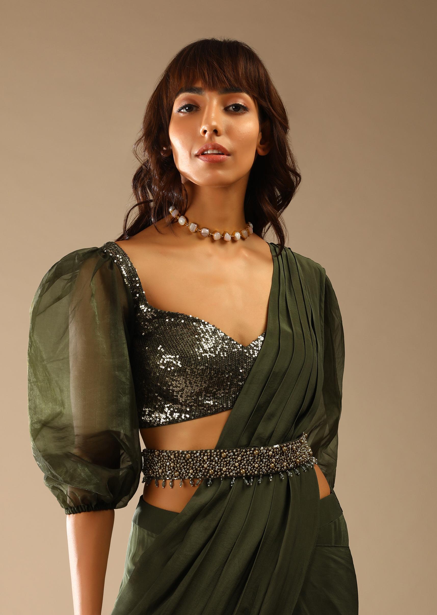 Kalki Fashion,M001AT371Y-SG61661,Henna Green Ready Pleated Saree In Crepe With Moti Embroidered Belt And Balloon Sleeves Blouse