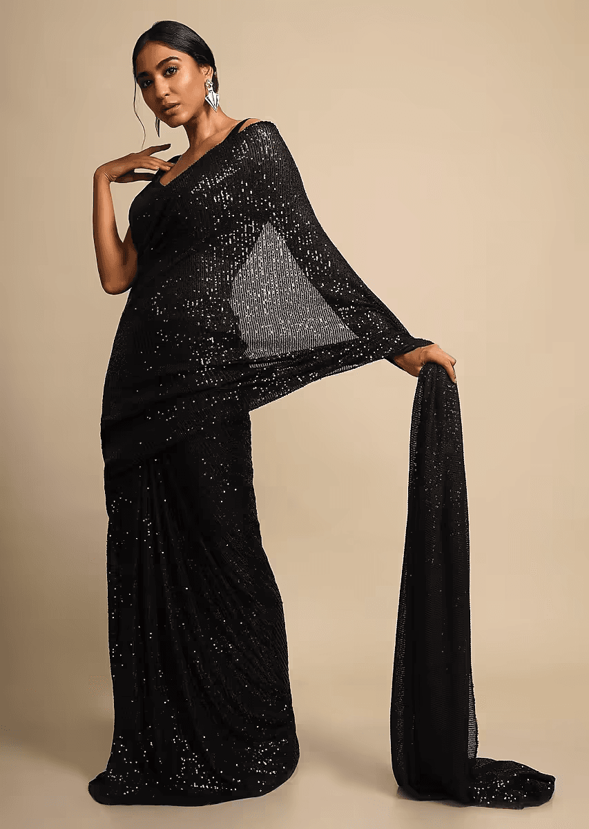 Kalki Fashion,M001M470Y-SG44608,Ink Black Saree Embellished In Sequins With Ready Stitched Pleats