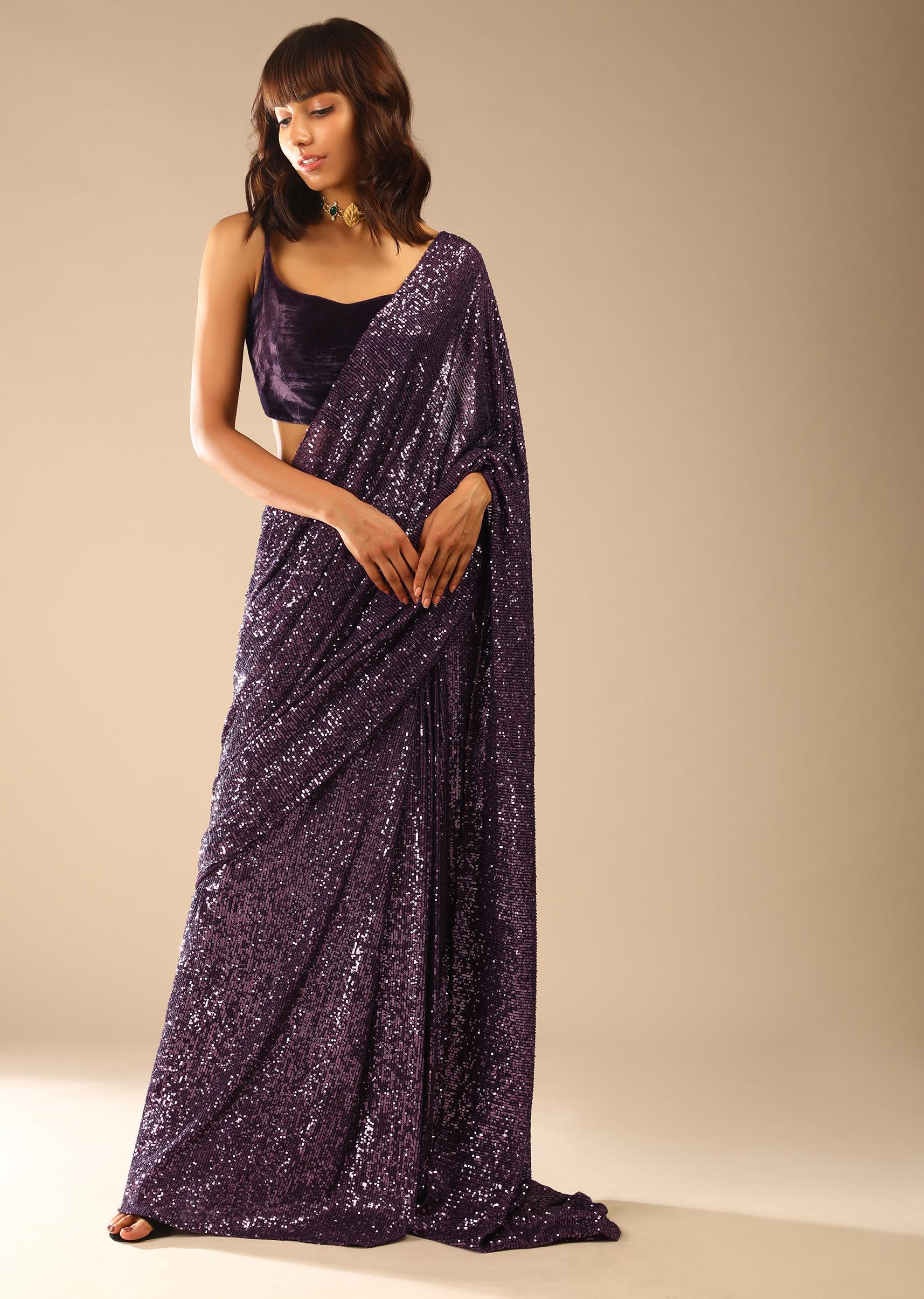 Kalki Fashion,M001M470Y-SG56095,Jewel Purple Ready Pleated Saree Embellished In Sequins With A Strappy Velvet Crop Top Online - Kalki Fashion