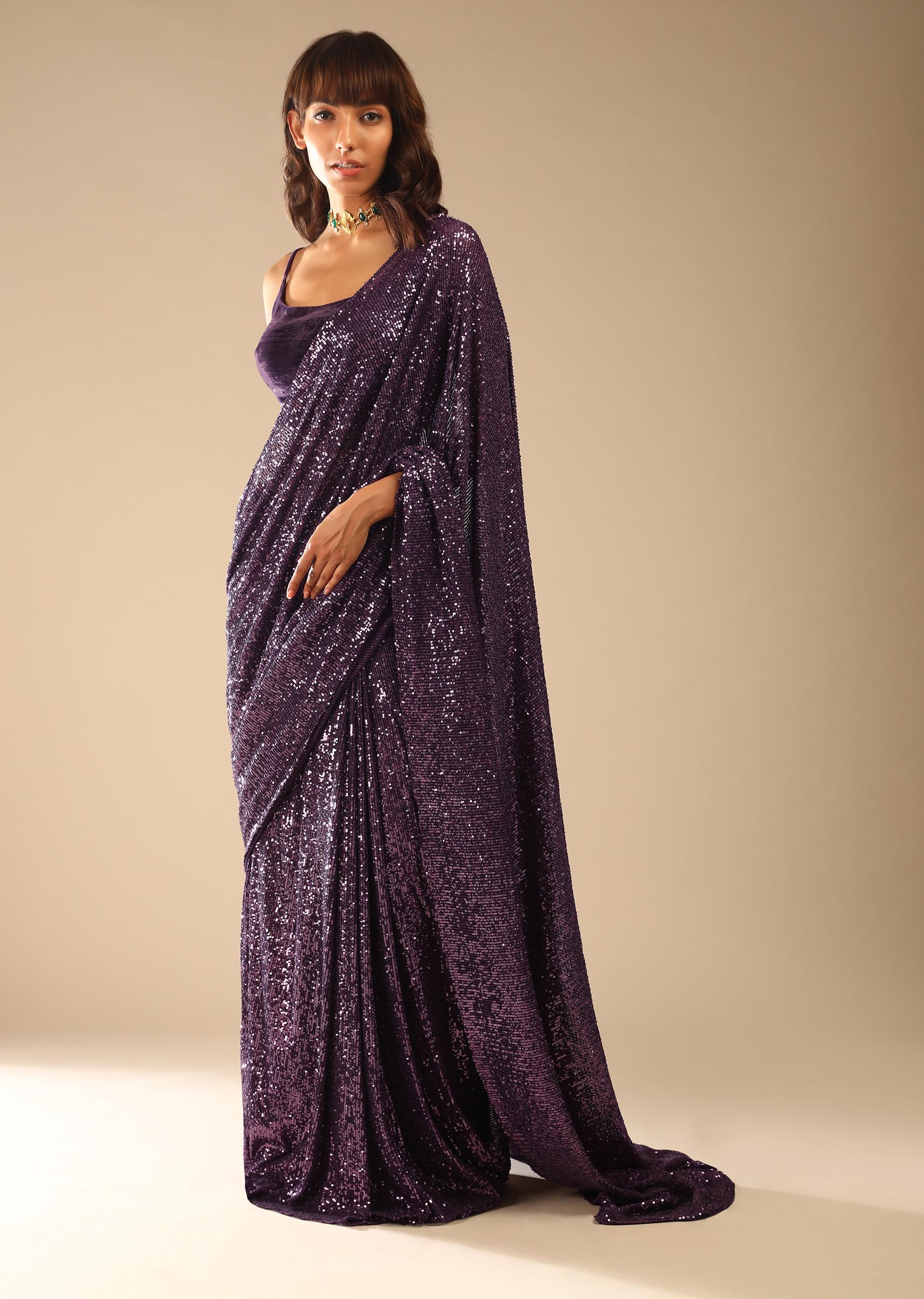 Kalki Fashion,M001M470Y-SG56095,Jewel Purple Ready Pleated Saree Embellished In Sequins With A Strappy Velvet Crop Top Online - Kalki Fashion