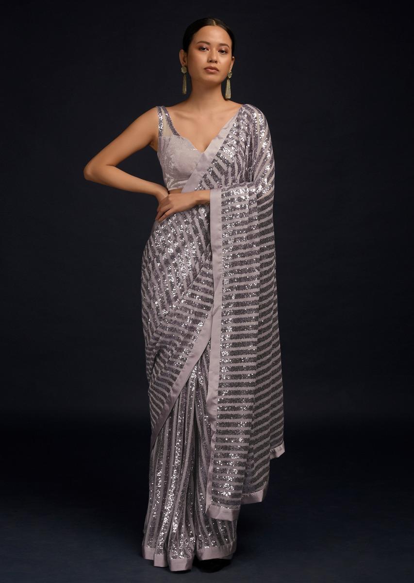 Kalki Fashion,M001RA446Y-SG59238,Lavender Ready Pleated Saree In Net With Sequin Embellished Stripes And Velvet Crop Top With Sequins On The Shoulders