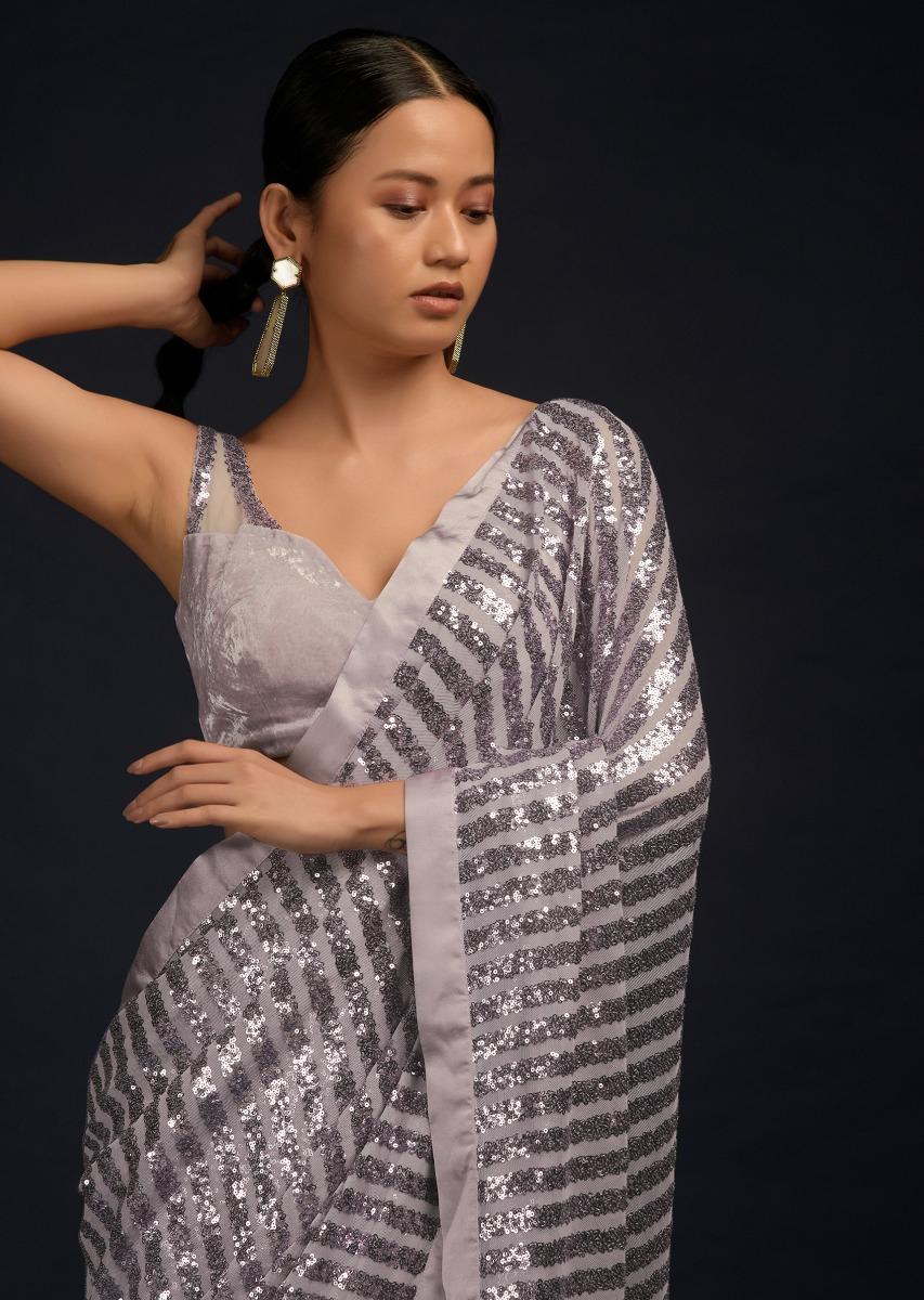 Kalki Fashion,M001RA446Y-SG59238,Lavender Ready Pleated Saree In Net With Sequin Embellished Stripes And Velvet Crop Top With Sequins On The Shoulders