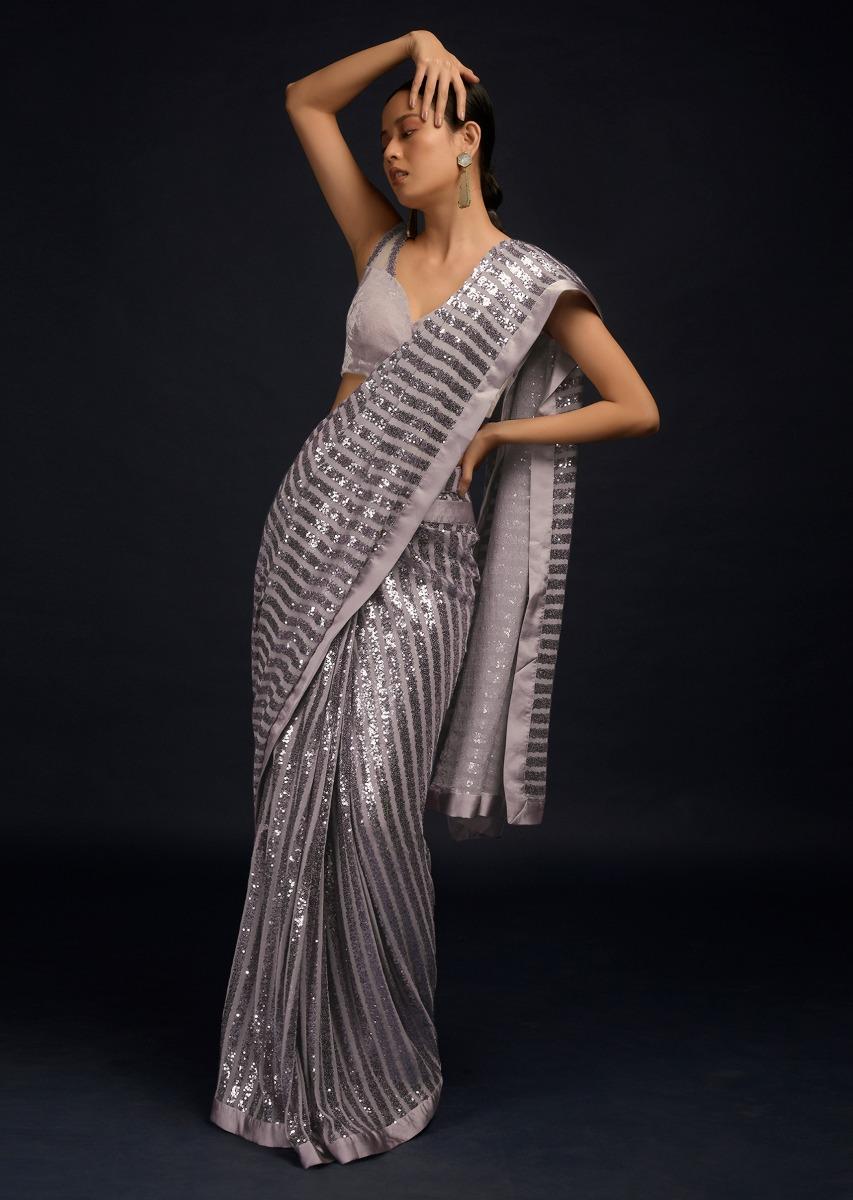 Kalki Fashion,M001RA446Y-SG59238,Lavender Ready Pleated Saree In Net With Sequin Embellished Stripes And Velvet Crop Top With Sequins On The Shoulders