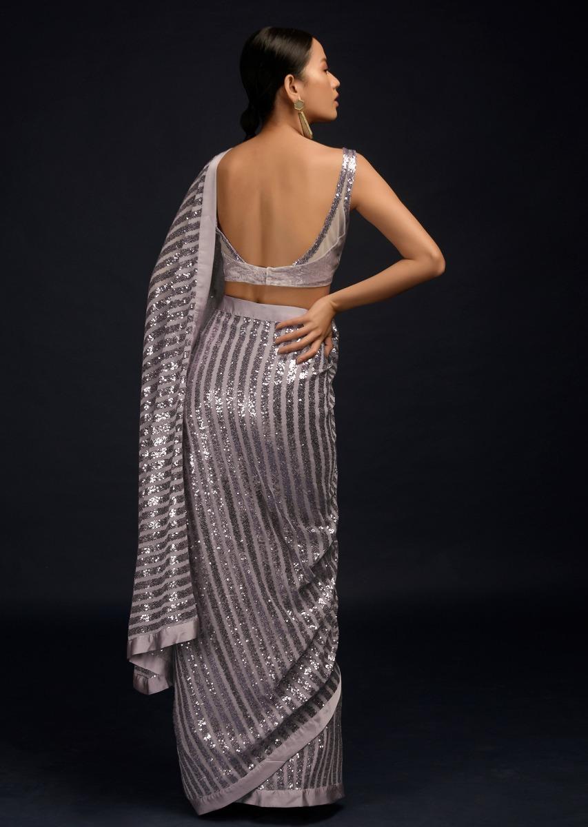 Kalki Fashion,M001RA446Y-SG59238,Lavender Ready Pleated Saree In Net With Sequin Embellished Stripes And Velvet Crop Top With Sequins On The Shoulders