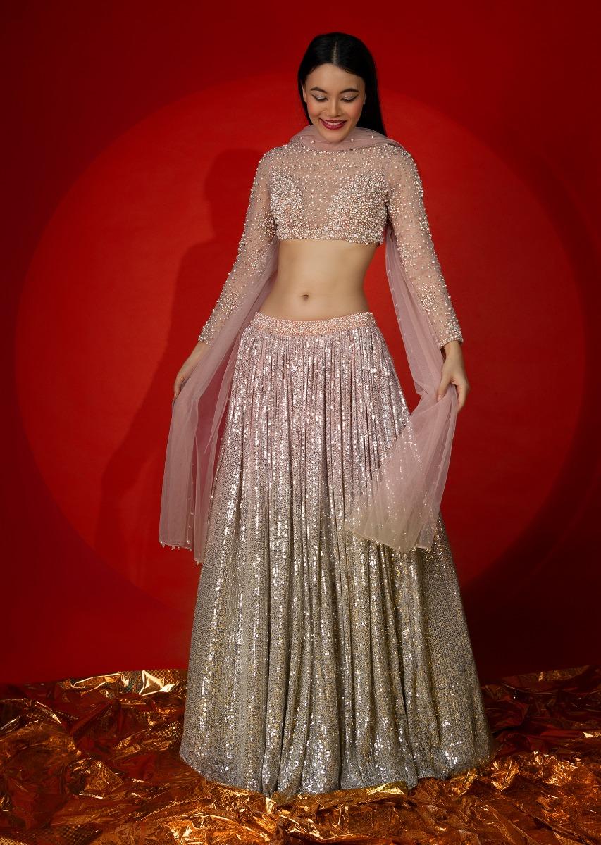 Kalki Fashion,M001RA425Y-SG56191,Melon Peach Ombre Lehenga Embellished In Sequins With Moti Embroidered Crop Top With Illusion Neckline And Full Sleeves