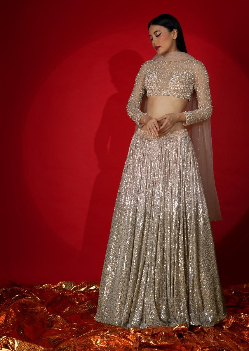 Kalki Fashion,M001RA425Y-SG56191,Melon Peach Ombre Lehenga Embellished In Sequins With Moti Embroidered Crop Top With Illusion Neckline And Full Sleeves