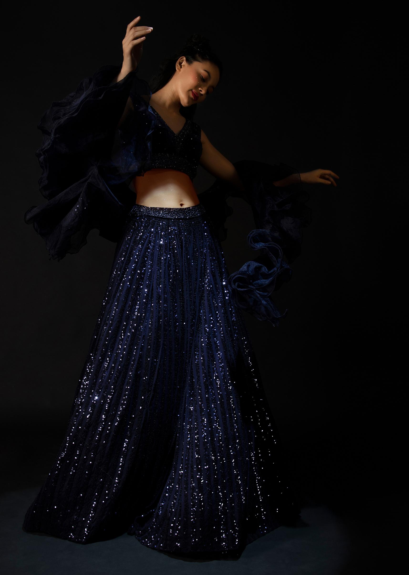 Kalki Fashion,M001RA455Y-SG61394,Midnight Blue Lehenga In Striped Sequins With Hand Embroidered Velvet Crop Top And Ruffle Dupatta