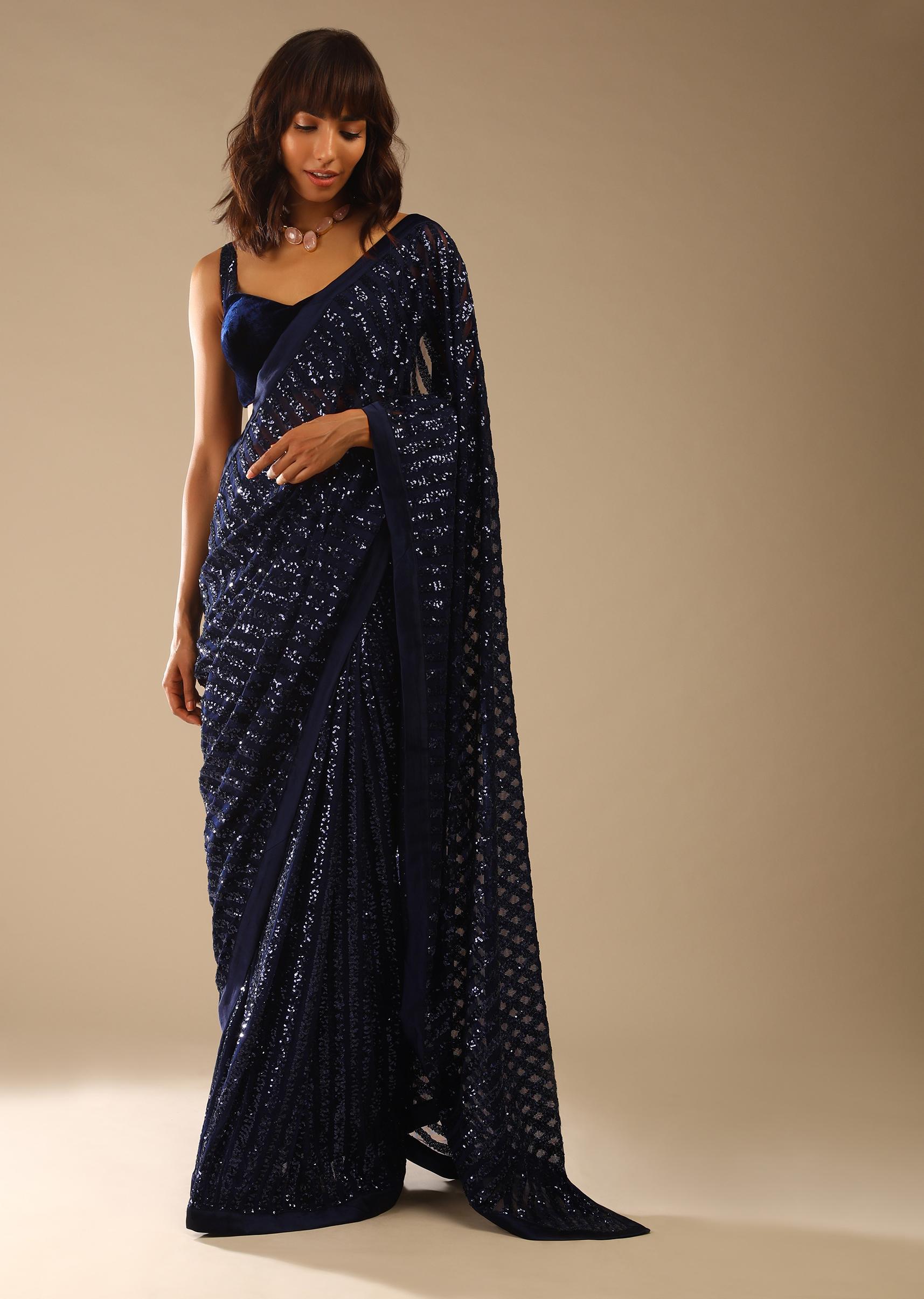 Kalki Fashion,M001RA445Y-SG59239,Midnight Blue Ready-To-Wear Sequins Saree With Velvet Blouse