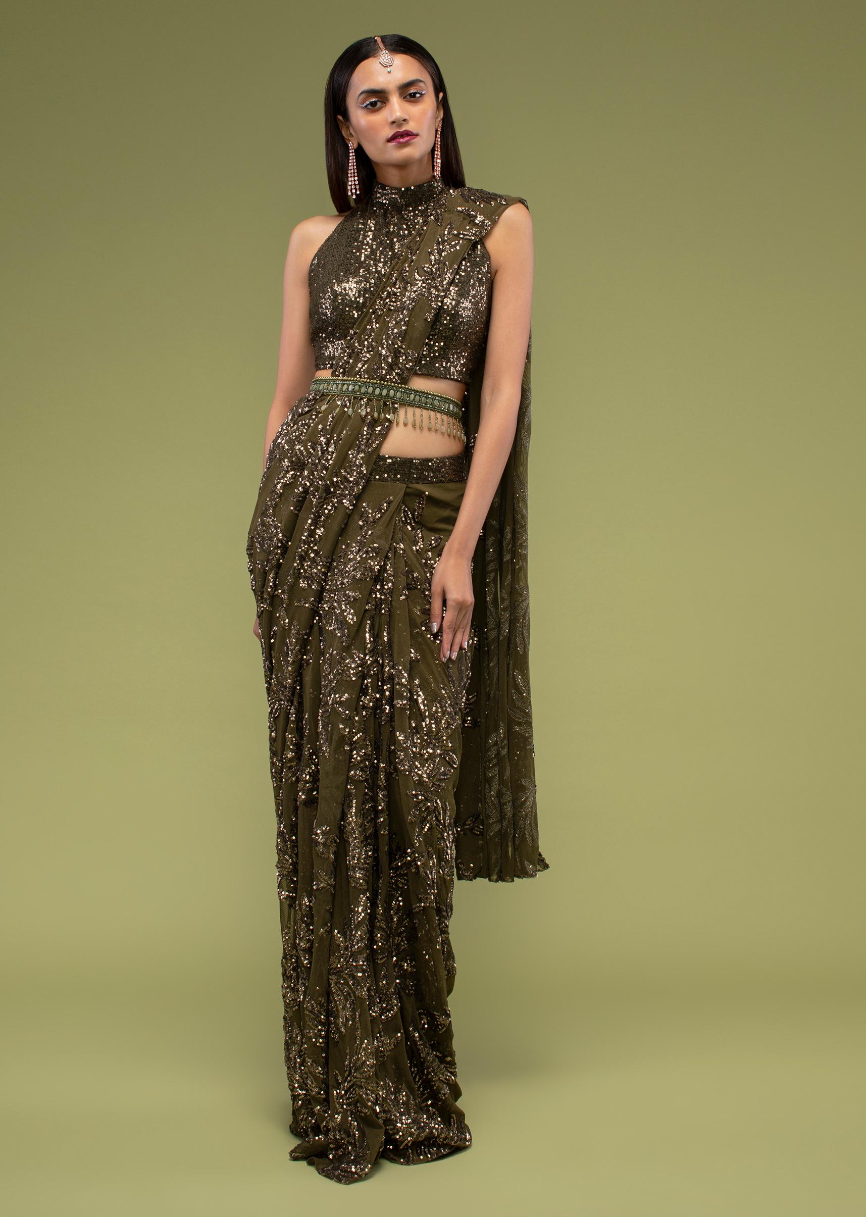 Kalki Fashion,M001AT527Y-SG97469,Military Olive Ready Pleated Saree In Sequins Embroidery, Crafted In Net With Side Zip Closure