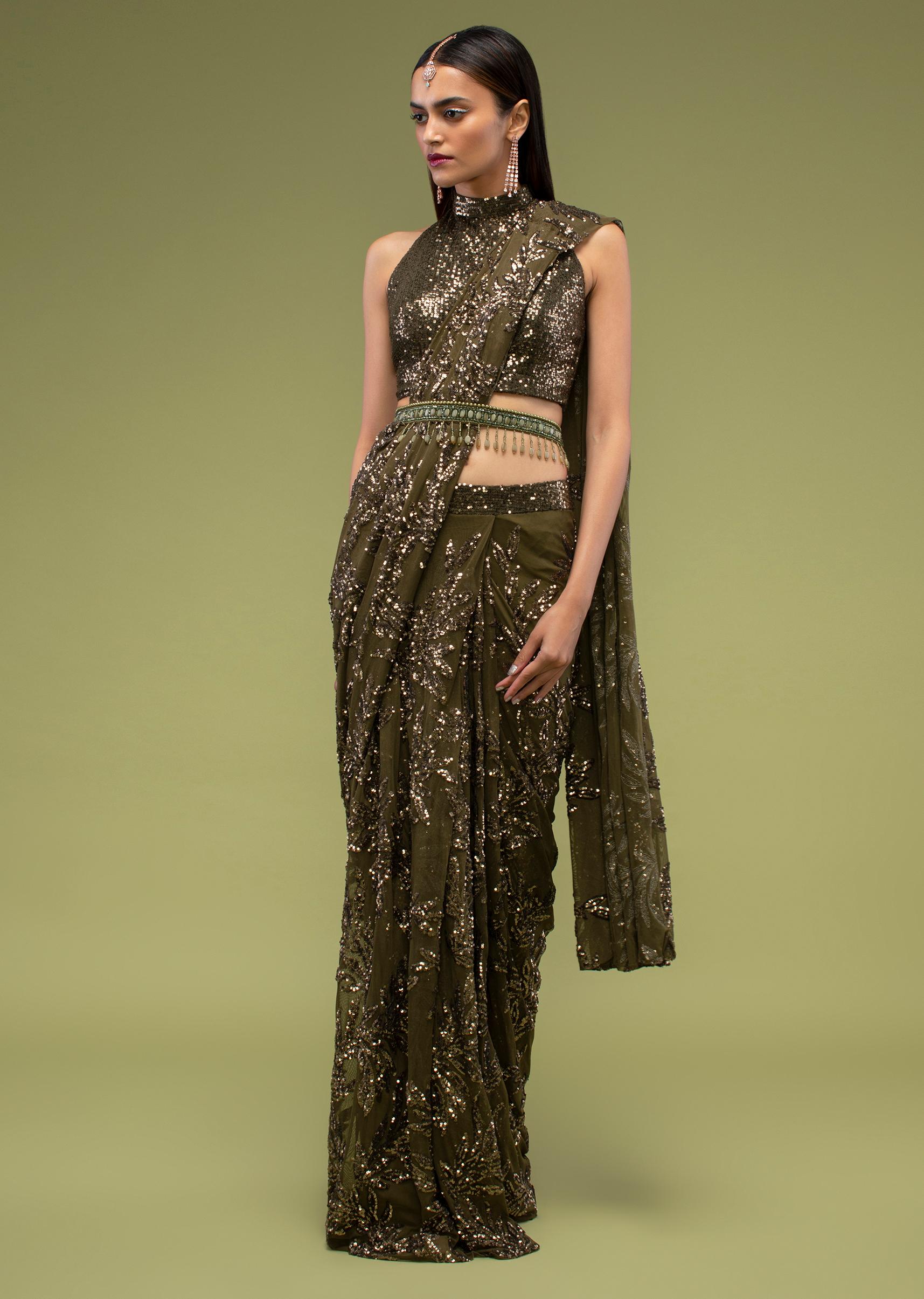 Kalki Fashion,M001AT527Y-SG97469,Military Olive Ready Pleated Saree In Sequins Embroidery, Crafted In Net With Side Zip Closure