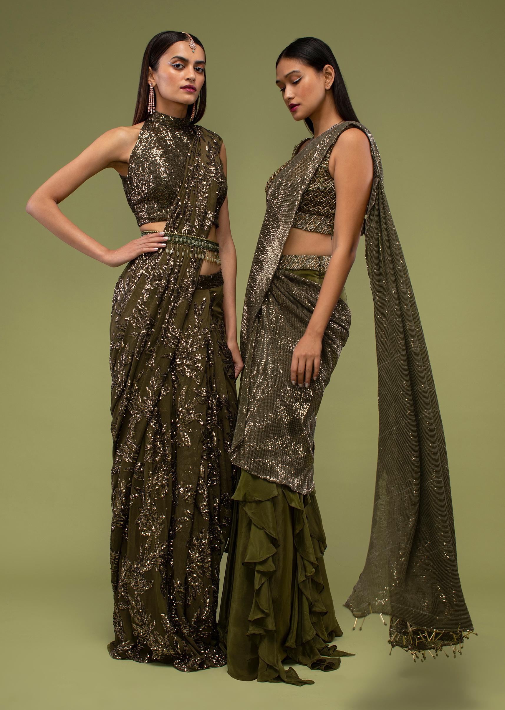 Kalki Fashion,M001AT527Y-SG97469,Military Olive Ready Pleated Saree In Sequins Embroidery, Crafted In Net With Side Zip Closure