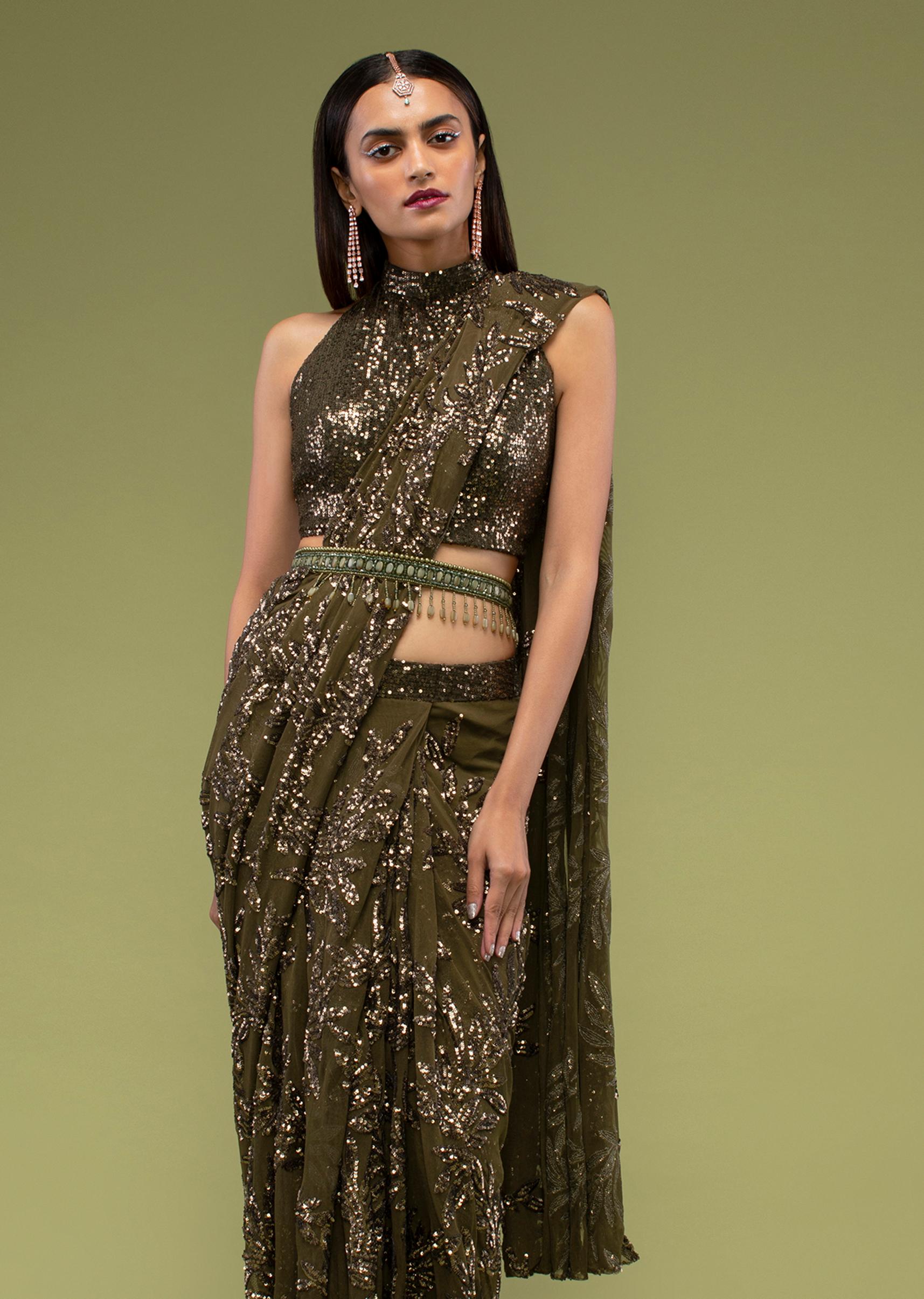 Kalki Fashion,M001AT527Y-SG97469,Military Olive Ready Pleated Saree In Sequins Embroidery, Crafted In Net With Side Zip Closure