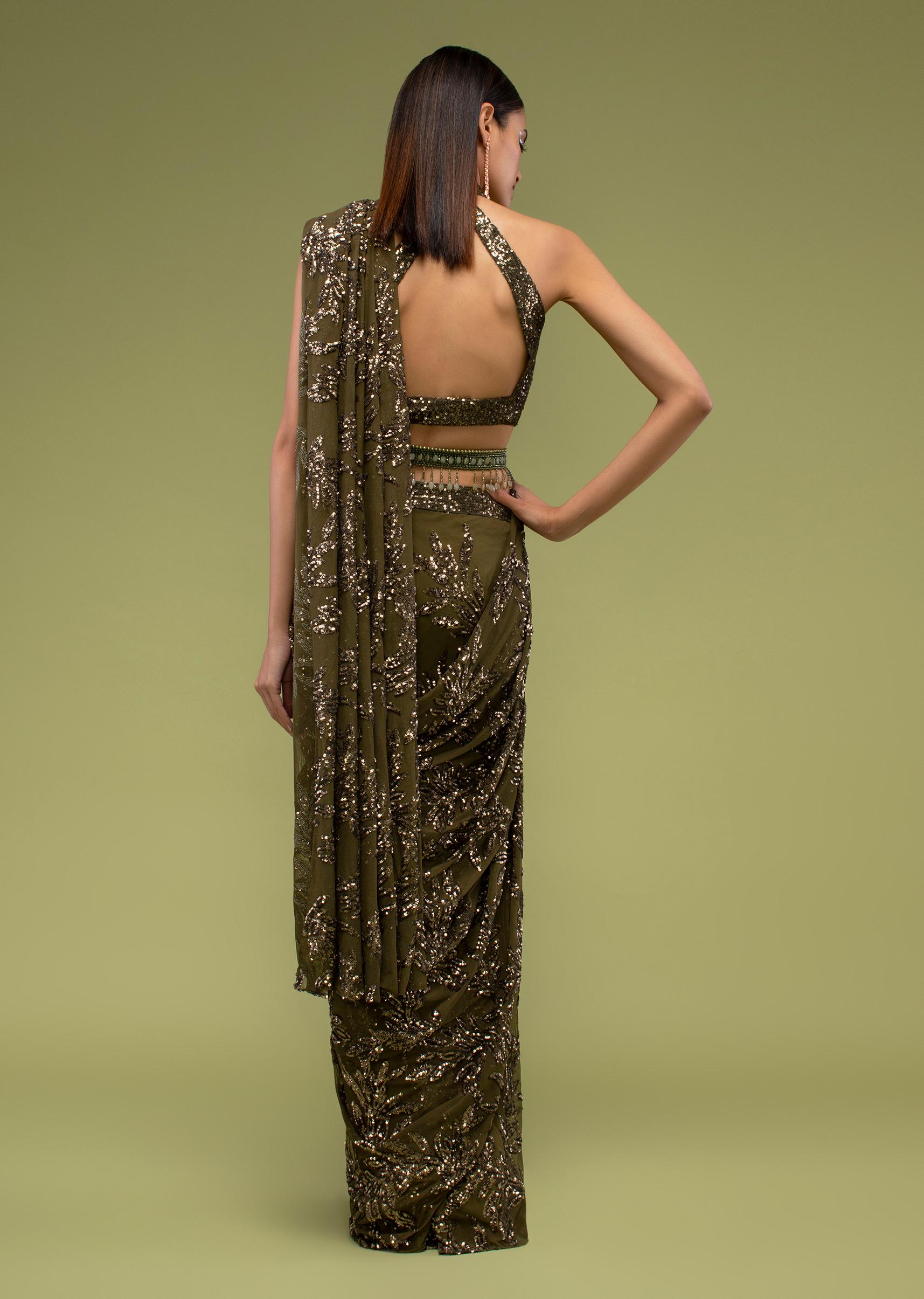 Kalki Fashion,M001AT527Y-SG97469,Military Olive Ready Pleated Saree In Sequins Embroidery, Crafted In Net With Side Zip Closure