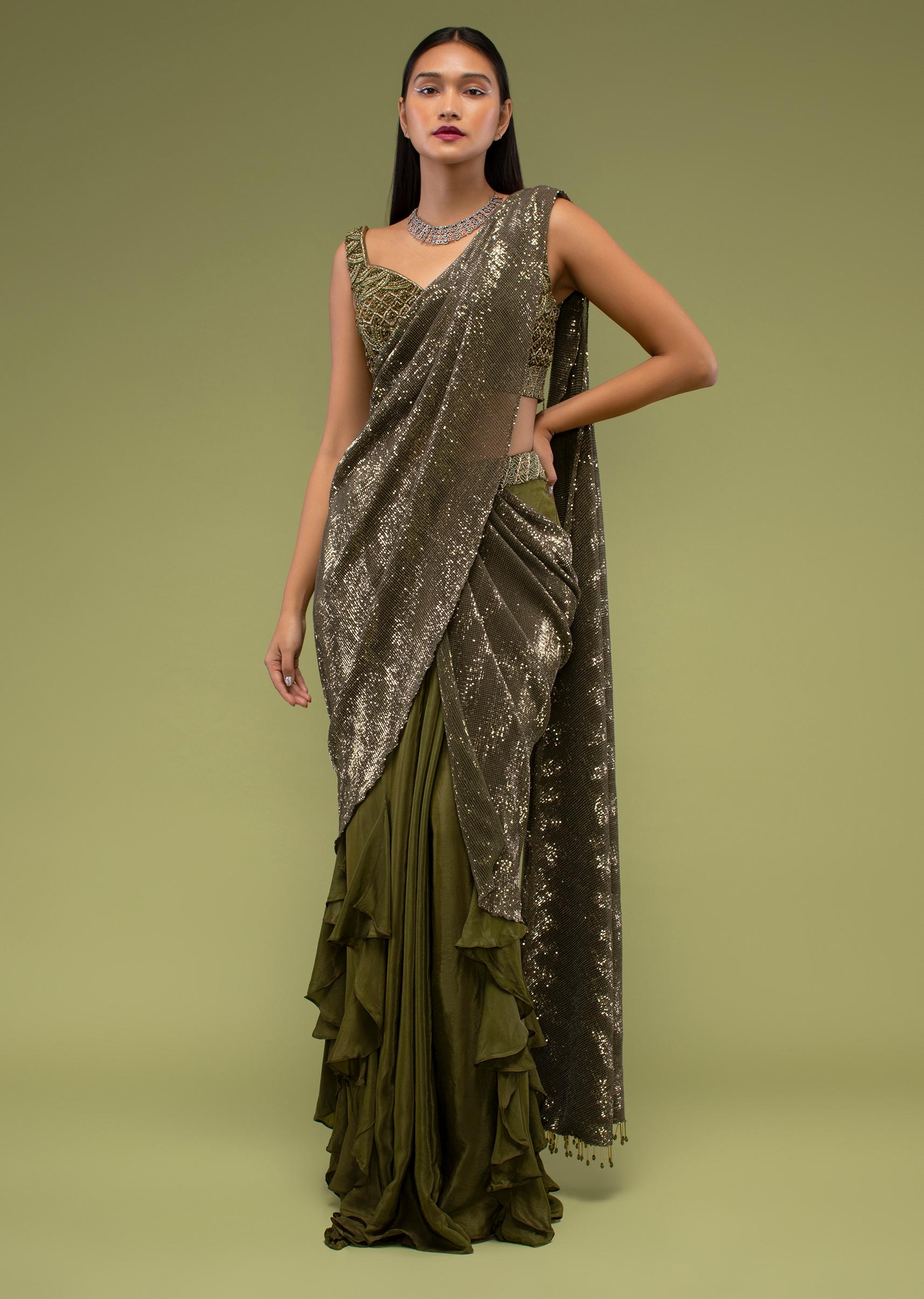 Kalki Fashion,M001RA654Y-SG97022,Military Olive Shimmer Crush Ruffled Ready-Pleated Saree, Crafted In Crush With Sequins Embroidery All Over With A Side Zip Closure