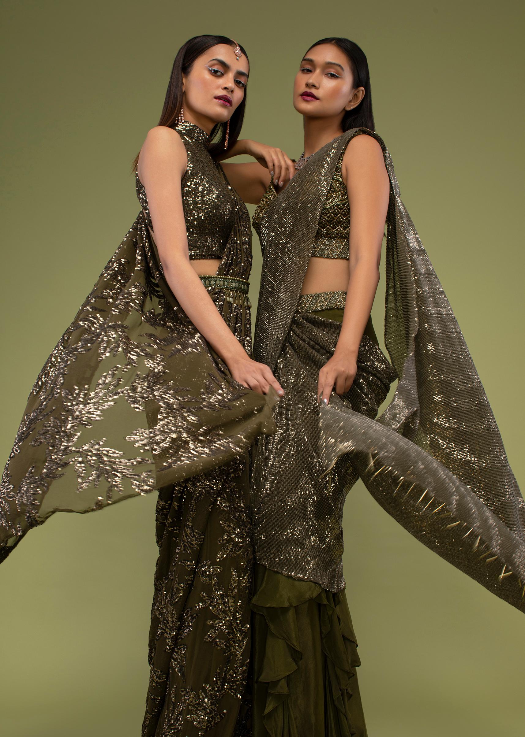 Kalki Fashion,M001RA654Y-SG97022,Military Olive Shimmer Crush Ruffled Ready-Pleated Saree, Crafted In Crush With Sequins Embroidery All Over With A Side Zip Closure