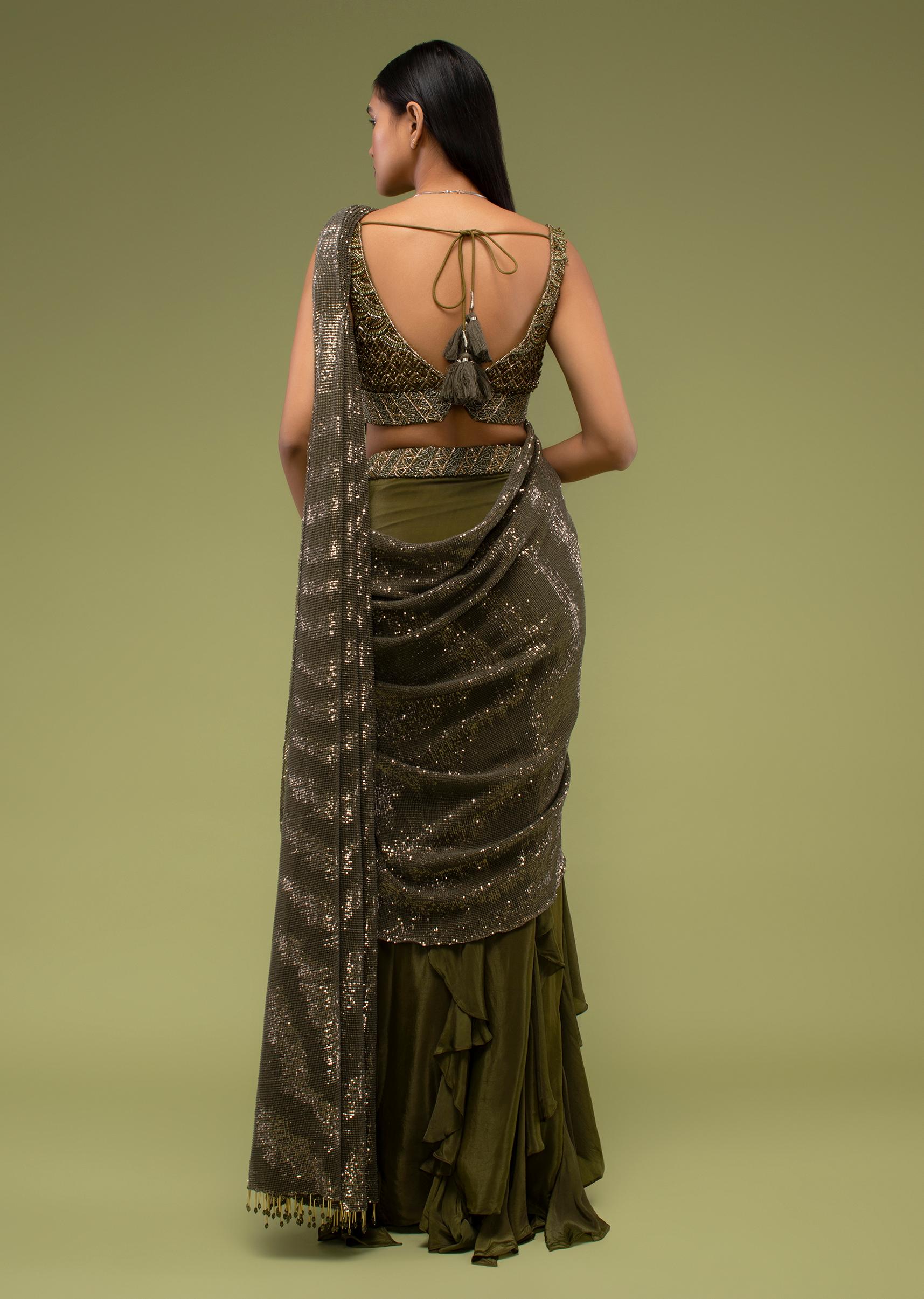 Kalki Fashion,M001RA654Y-SG97022,Military Olive Shimmer Crush Ruffled Ready-Pleated Saree, Crafted In Crush With Sequins Embroidery All Over With A Side Zip Closure