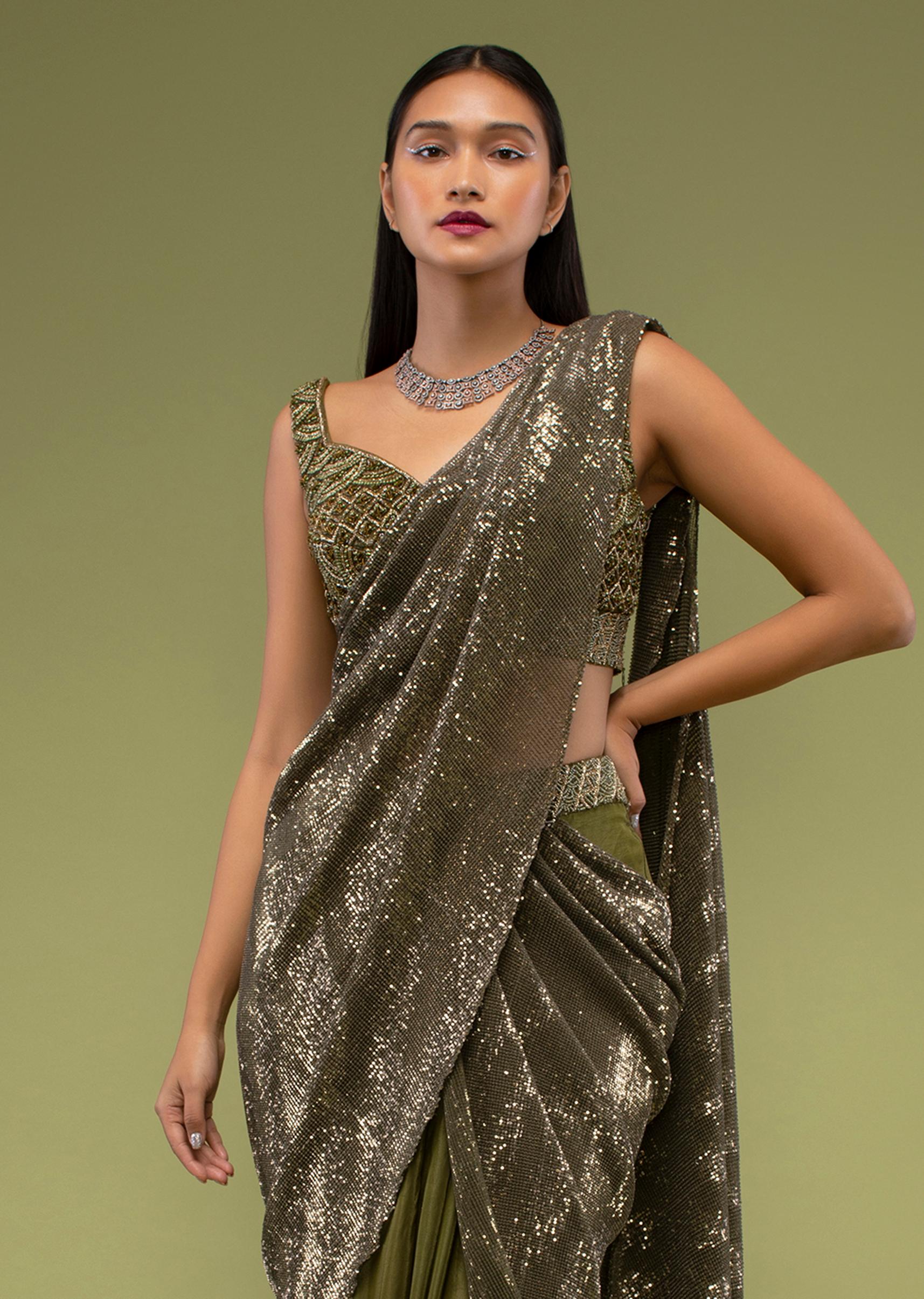 Kalki Fashion,M001RA654Y-SG97022,Military Olive Shimmer Crush Ruffled Ready-Pleated Saree, Crafted In Crush With Sequins Embroidery All Over With A Side Zip Closure