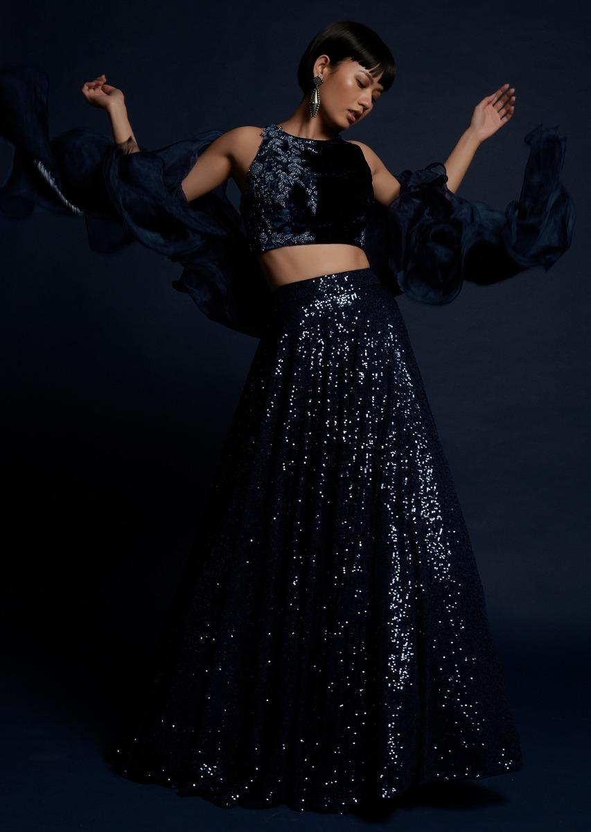 Kalki Fashion,M001G2068Y-SG56423,Navy Blue Lehenga Embellished In Sequins With Cut Dana Embellished Crop Top And Ruffle Dupatta