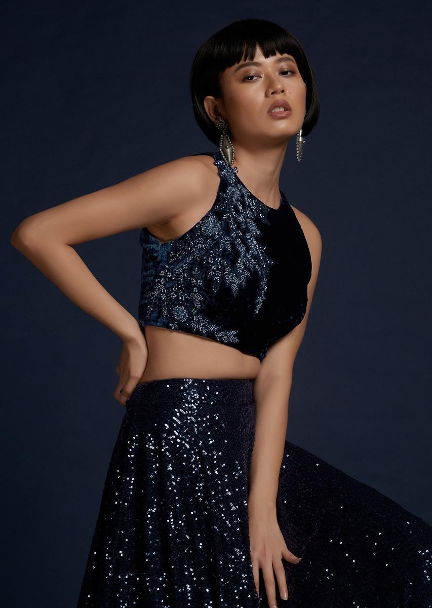 Kalki Fashion,M001G2068Y-SG56423,Navy Blue Lehenga Embellished In Sequins With Cut Dana Embellished Crop Top And Ruffle Dupatta