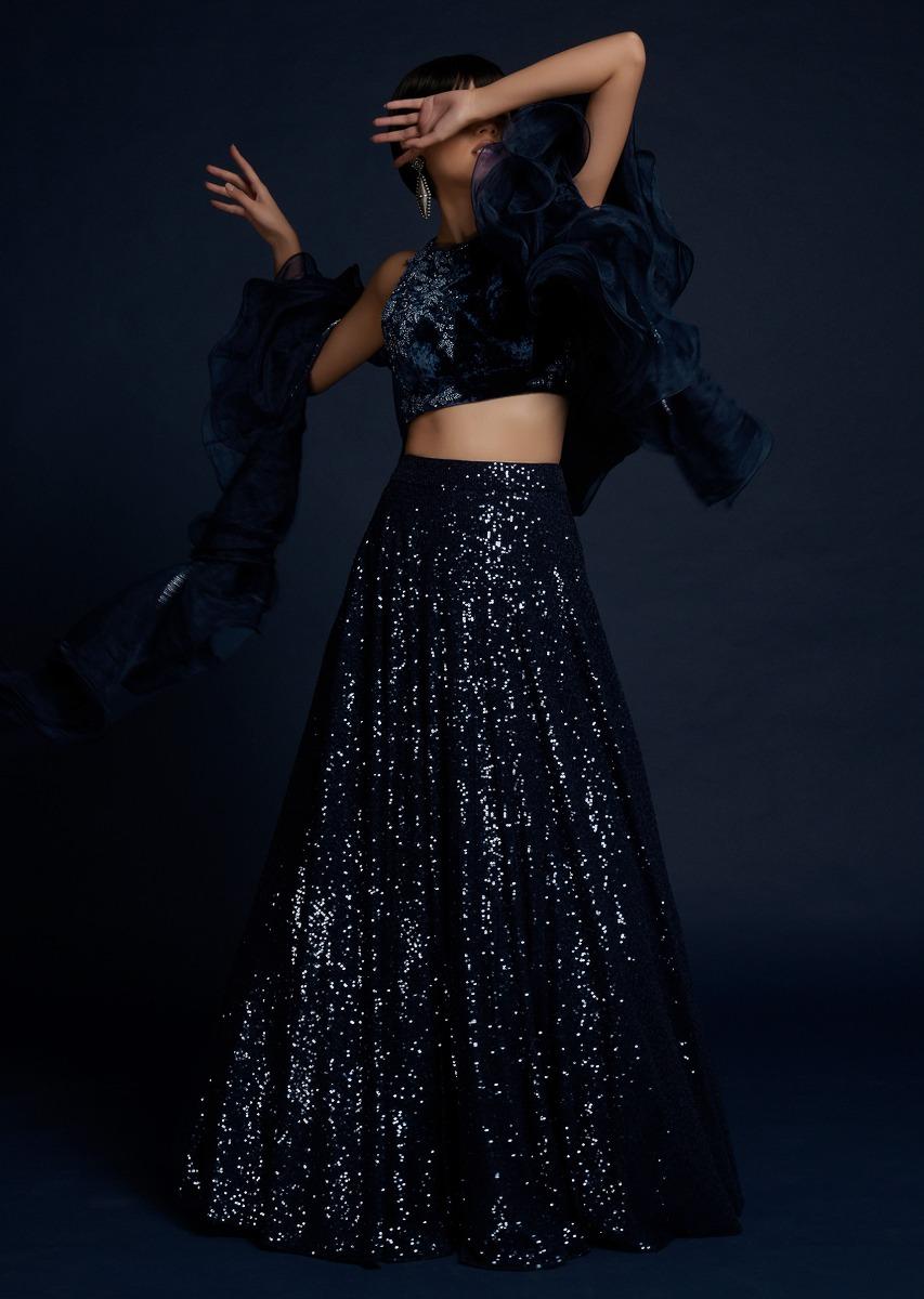 Kalki Fashion,M001G2068Y-SG56423,Navy Blue Lehenga Embellished In Sequins With Cut Dana Embellished Crop Top And Ruffle Dupatta