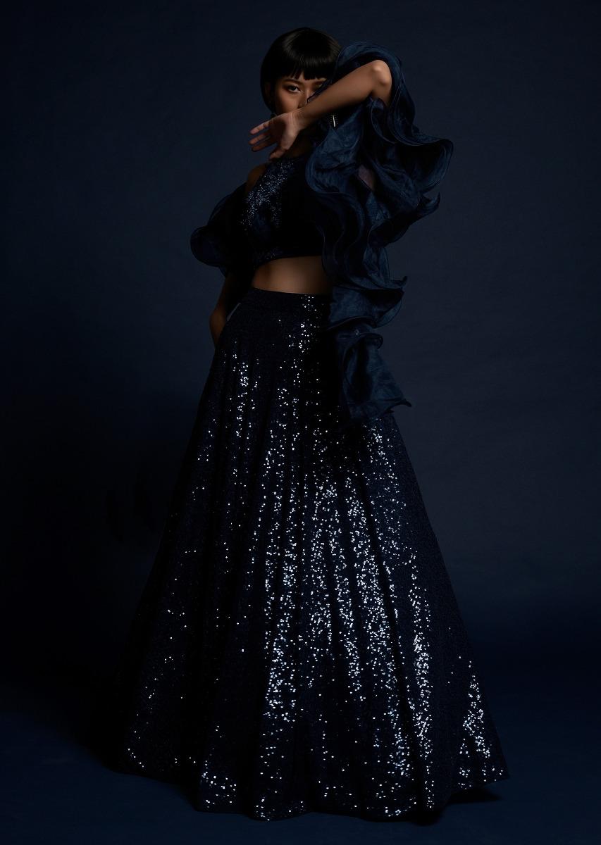 Kalki Fashion,M001G2068Y-SG56423,Navy Blue Lehenga Embellished In Sequins With Cut Dana Embellished Crop Top And Ruffle Dupatta