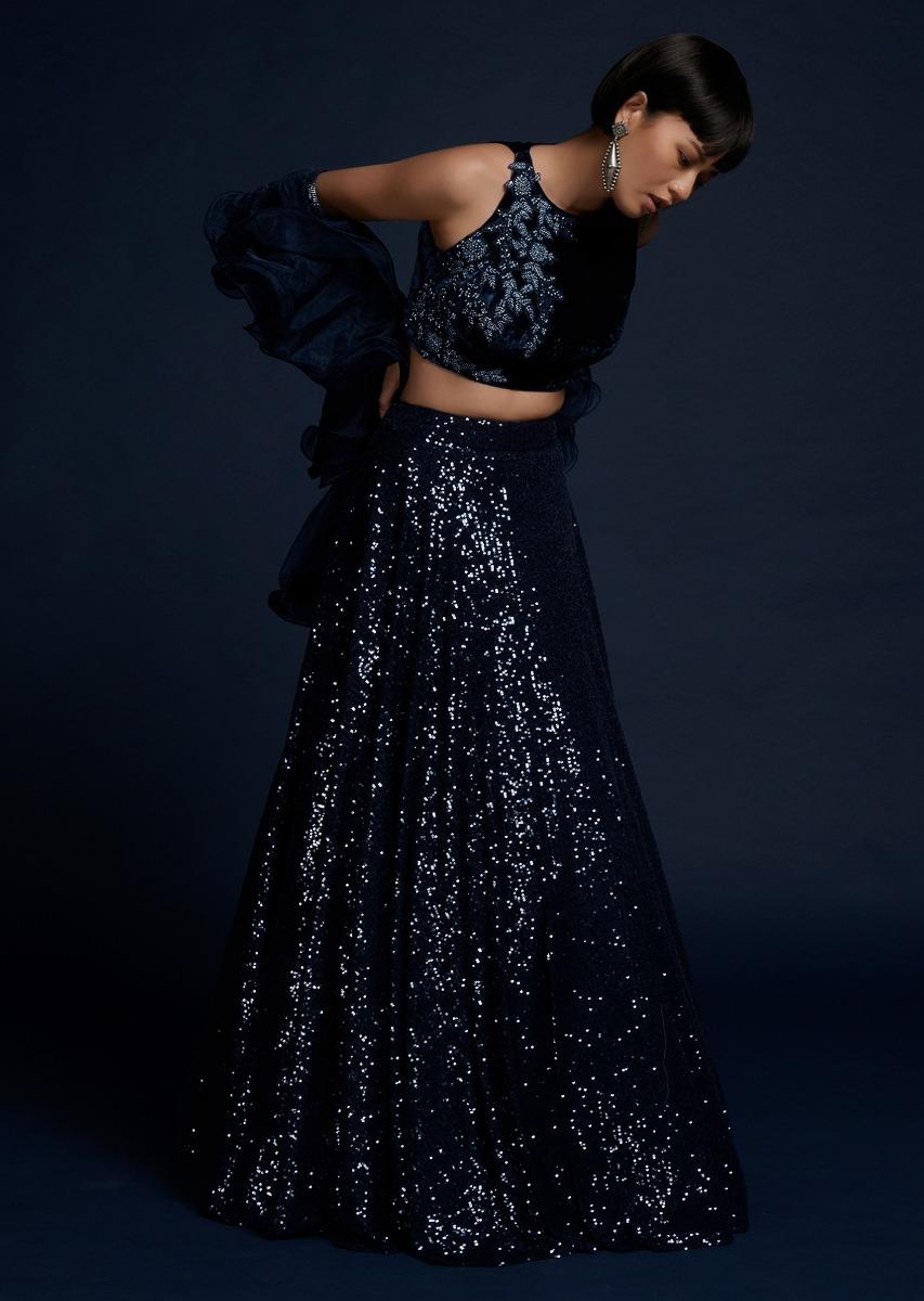 Kalki Fashion,M001G2068Y-SG56423,Navy Blue Lehenga Embellished In Sequins With Cut Dana Embellished Crop Top And Ruffle Dupatta