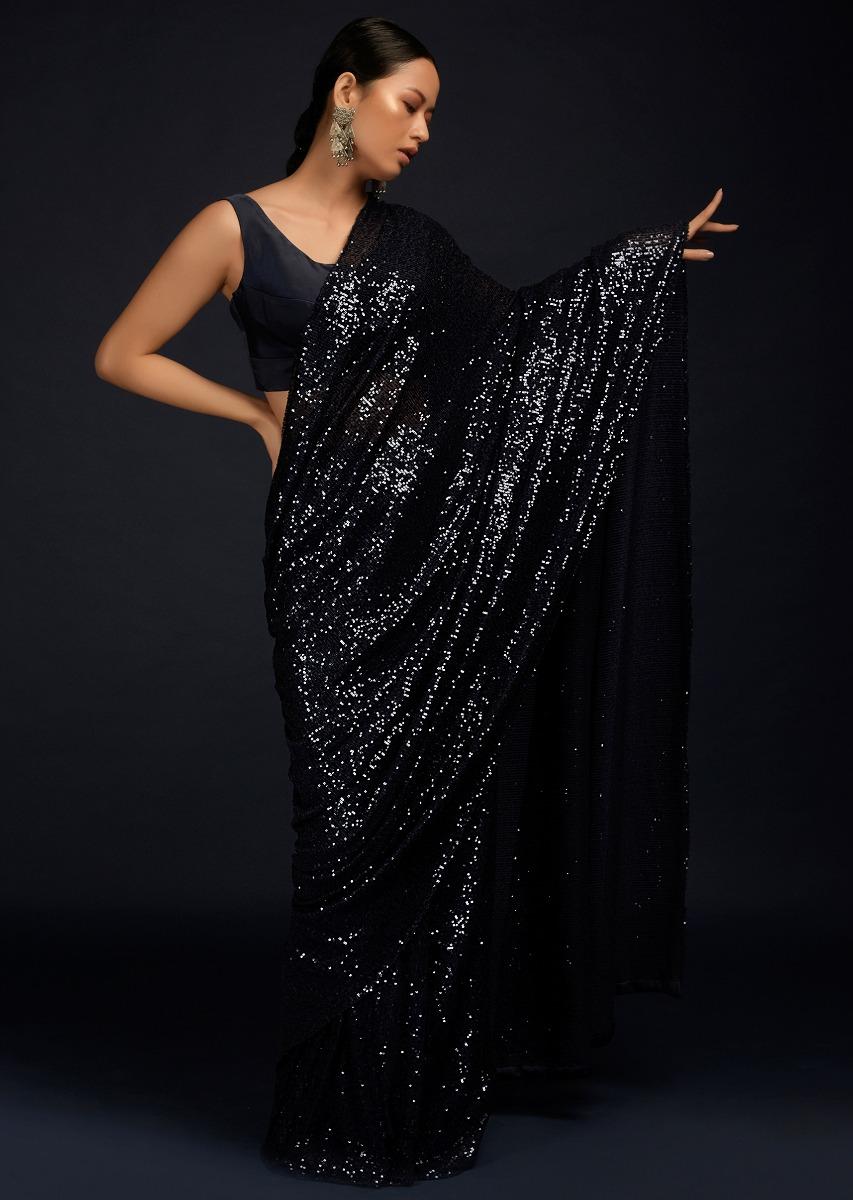 Kalki Fashion,M001M470Y-SG56040,Navy Blue Ready Pleated Saree Embellished In Sequins And Matching Milano Blouse With Sweetheart Neckline