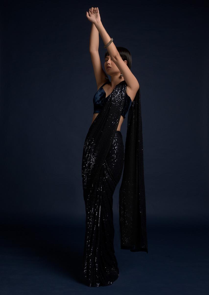 Kalki Fashion,M001M470Y-SG37338,Navy Blue Ready Pleated Saree Embellished In Sequins And Velvet Crop Top With Double Straps On The Shoulders