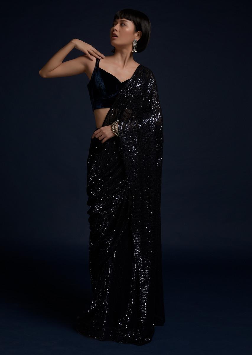 Kalki Fashion,M001M470Y-SG37338,Navy Blue Ready Pleated Saree Embellished In Sequins And Velvet Crop Top With Double Straps On The Shoulders