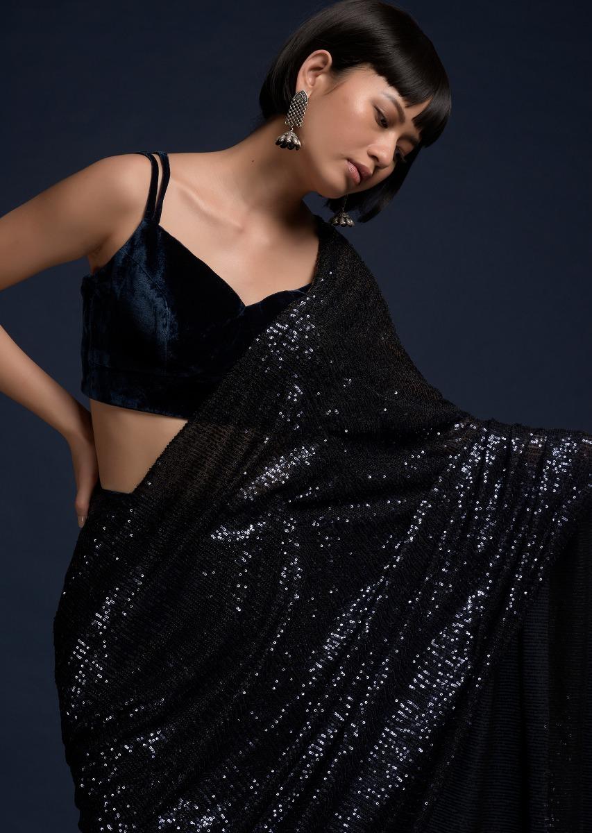 Kalki Fashion,M001M470Y-SG37338,Navy Blue Ready Pleated Saree Embellished In Sequins And Velvet Crop Top With Double Straps On The Shoulders