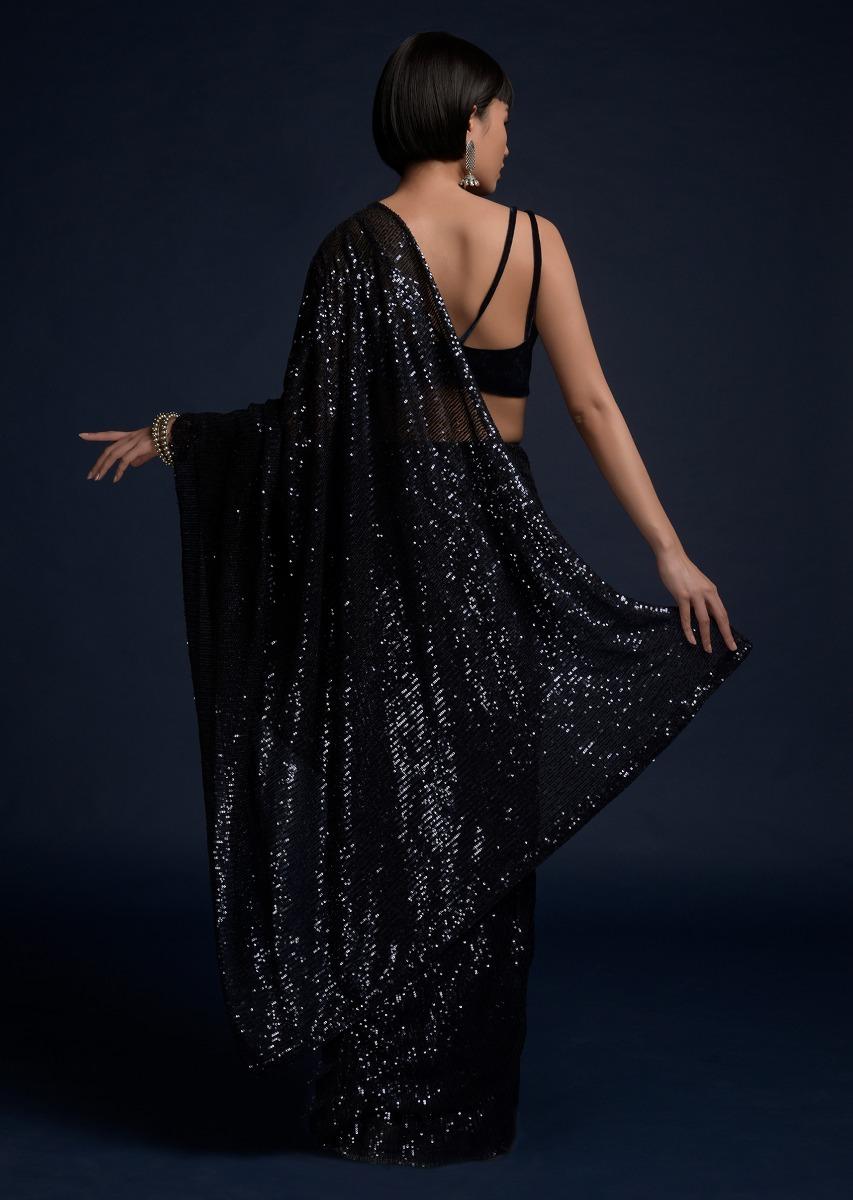 Kalki Fashion,M001M470Y-SG37338,Navy Blue Ready Pleated Saree Embellished In Sequins And Velvet Crop Top With Double Straps On The Shoulders