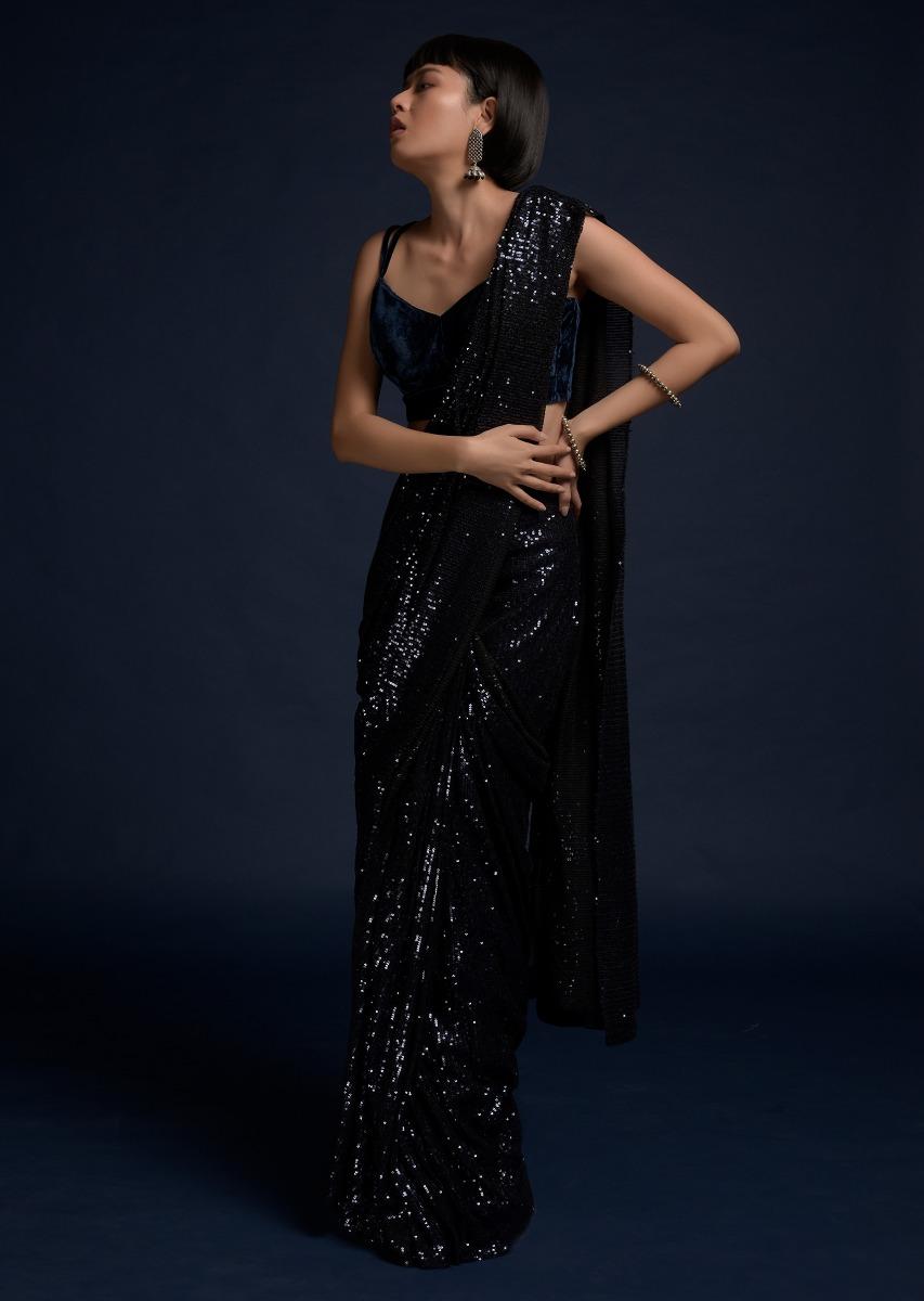 Kalki Fashion,M001M470Y-SG37338,Navy Blue Ready Pleated Saree Embellished In Sequins And Velvet Crop Top With Double Straps On The Shoulders