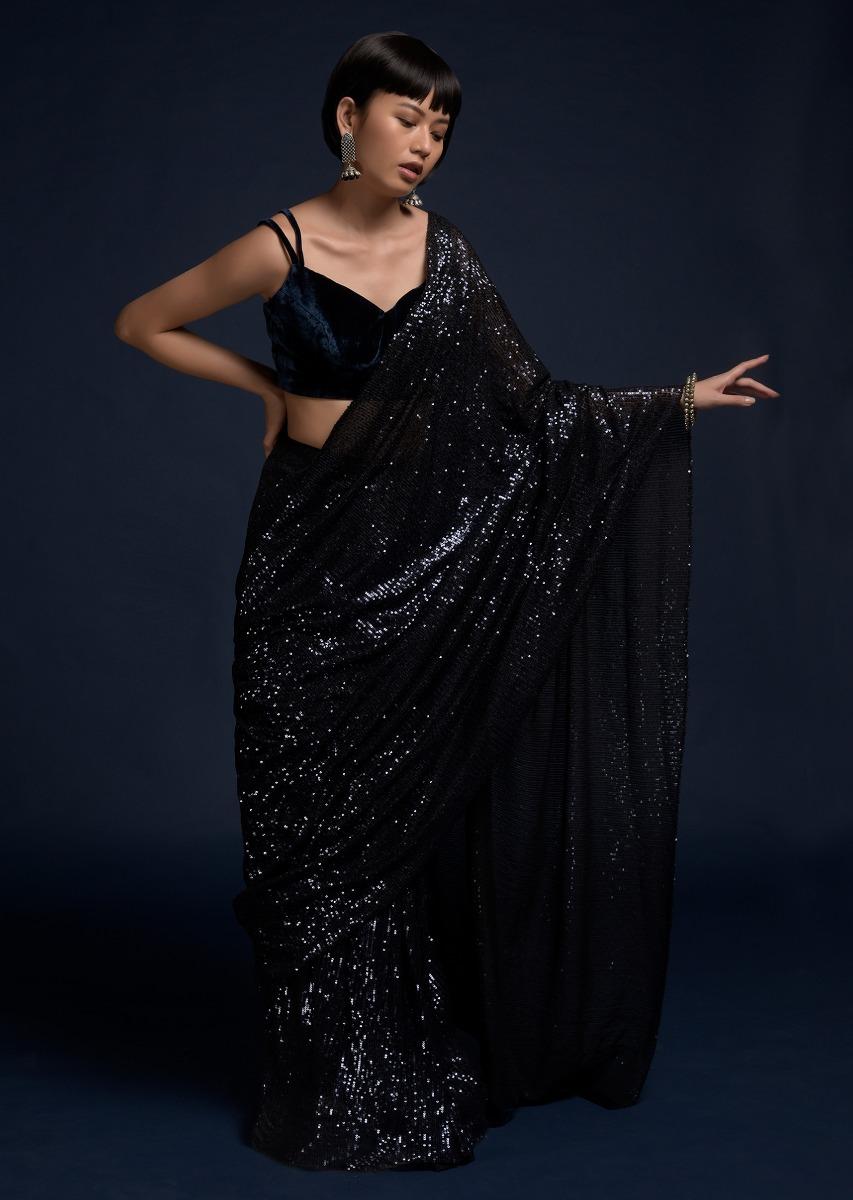 Kalki Fashion,M001M470Y-SG37338,Navy Blue Ready Pleated Saree Embellished In Sequins And Velvet Crop Top With Double Straps On The Shoulders