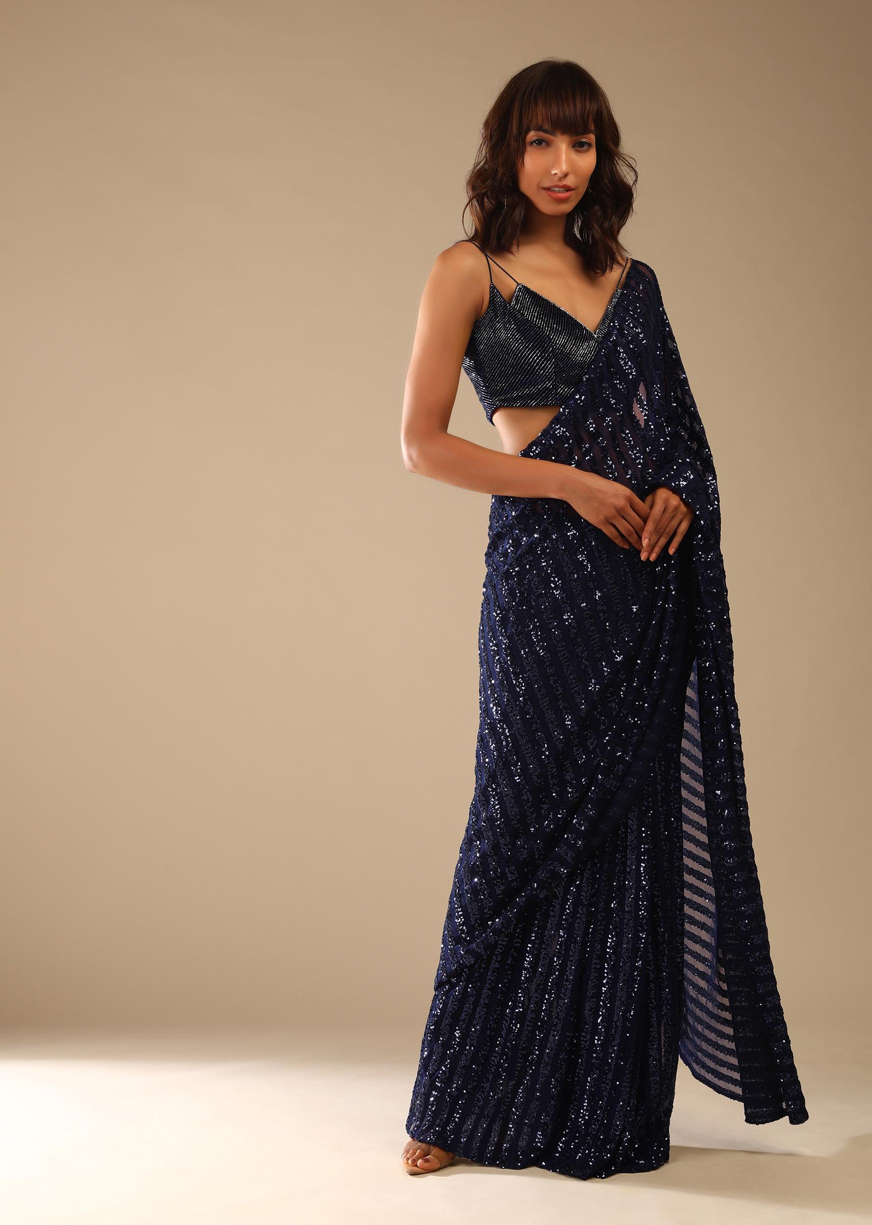 Kalki Fashion,M001TR341Y-SG61166,Navy Blue Ready-To-Wear Sequins Saree With Velvet Blouse