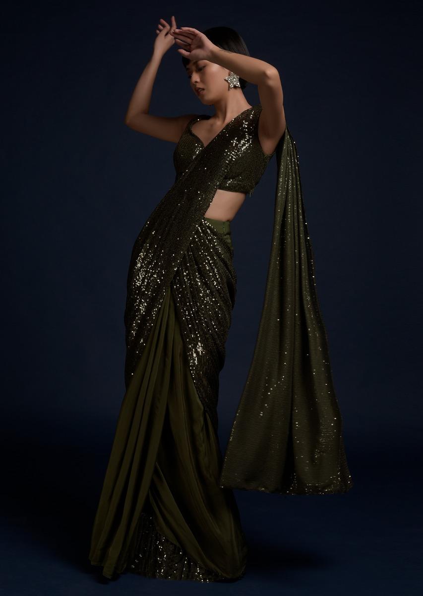 Kalki Fashion,M001G2070Y-SG54246,Olive Green Ready Pleated Saree In Crepe With Sequins Pallu And Matching Sleeveless Blouse