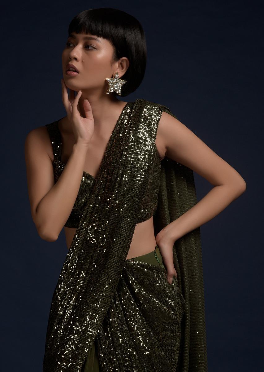 Kalki Fashion,M001G2070Y-SG54246,Olive Green Ready Pleated Saree In Crepe With Sequins Pallu And Matching Sleeveless Blouse