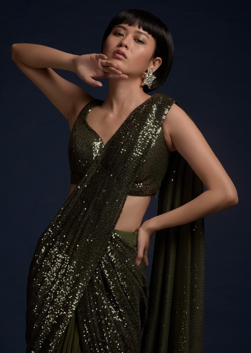 Kalki Fashion,M001G2070Y-SG54246,Olive Green Ready Pleated Saree In Crepe With Sequins Pallu And Matching Sleeveless Blouse