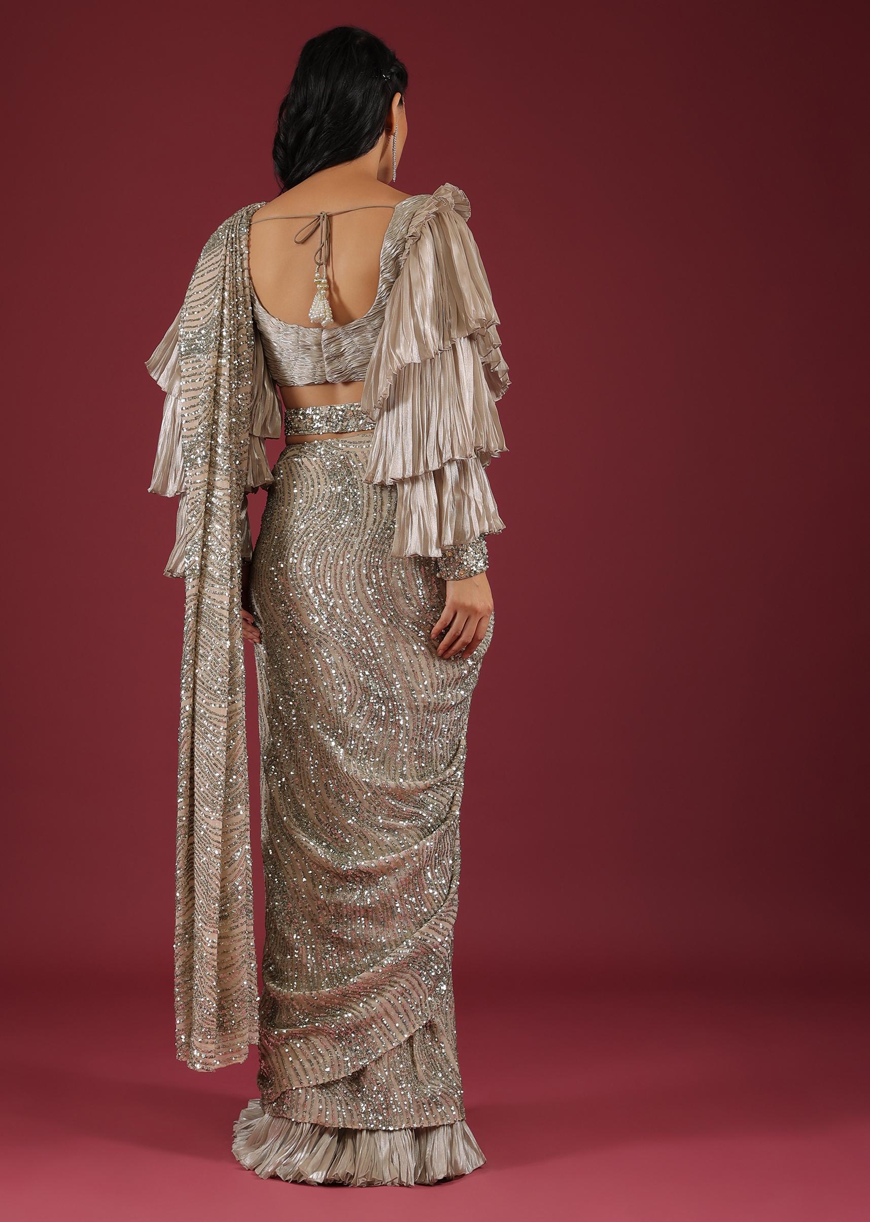 Kalki Fashion,M001RA634Y-SG99942,Oyster Ready Pleated Saree In Sequins Embroidery, Crafted In Net With A Side Zip Closure