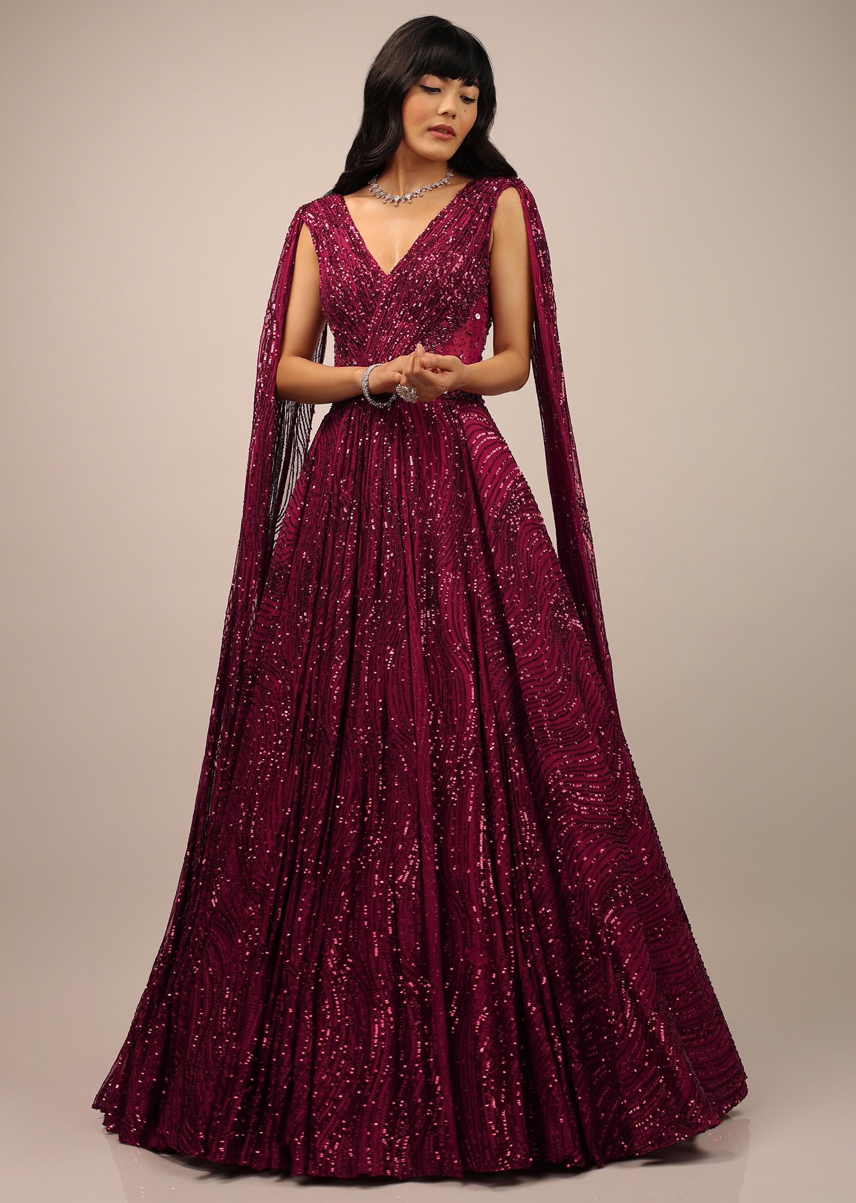 Kalki Fashion,SG95949,Persian Red Sequins Embellished Gown With Sheer Net On The Waist