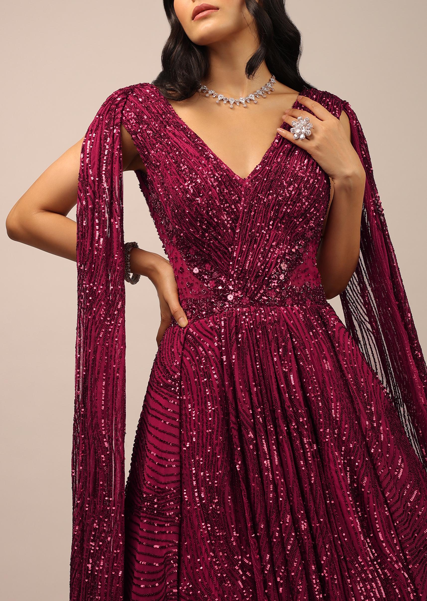 Kalki Fashion,SG95949,Persian Red Sequins Embellished Gown With Sheer Net On The Waist