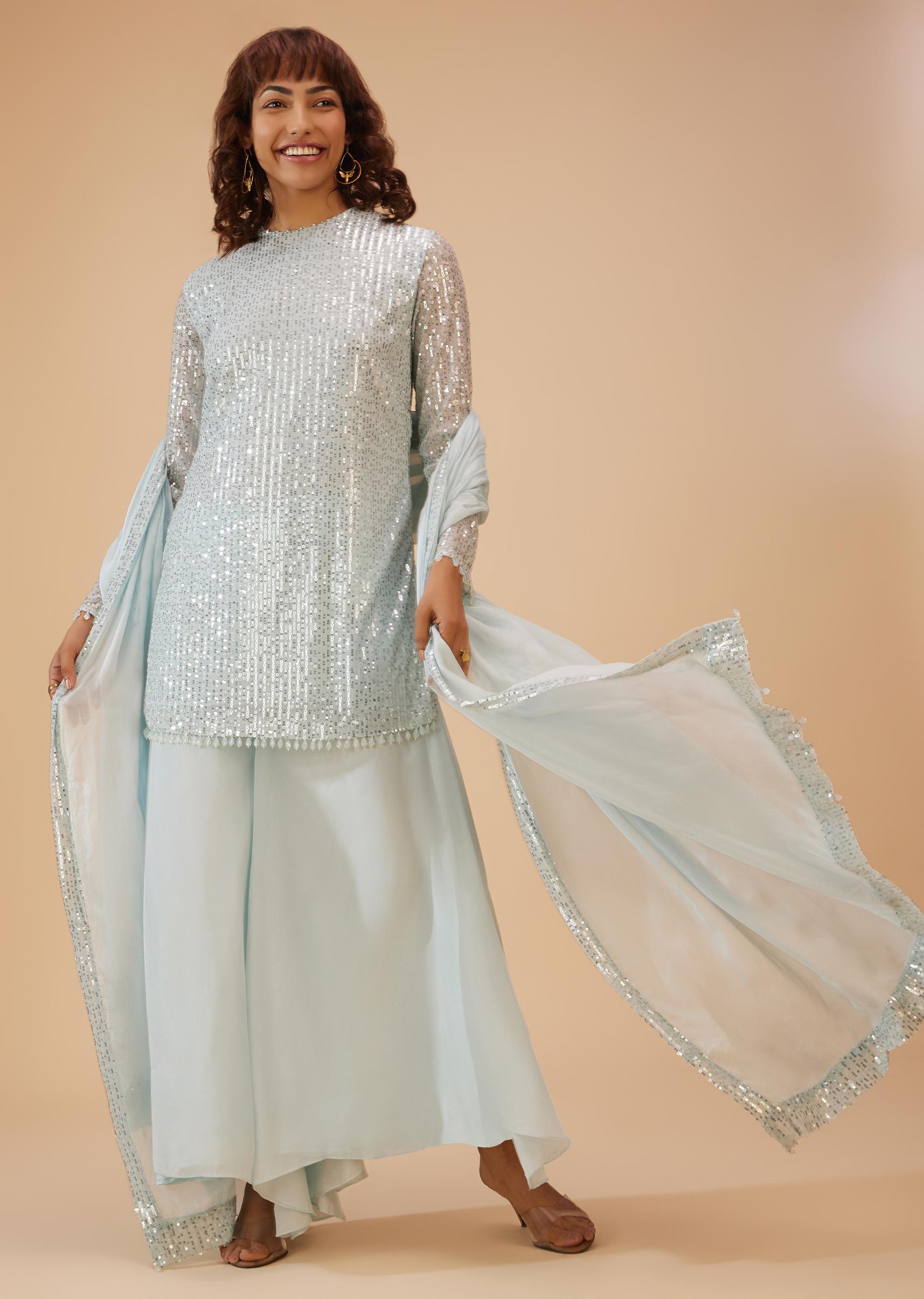 Kalki Fashion,SG117841,Powder Blue Palazzo Suit Set In Sequin