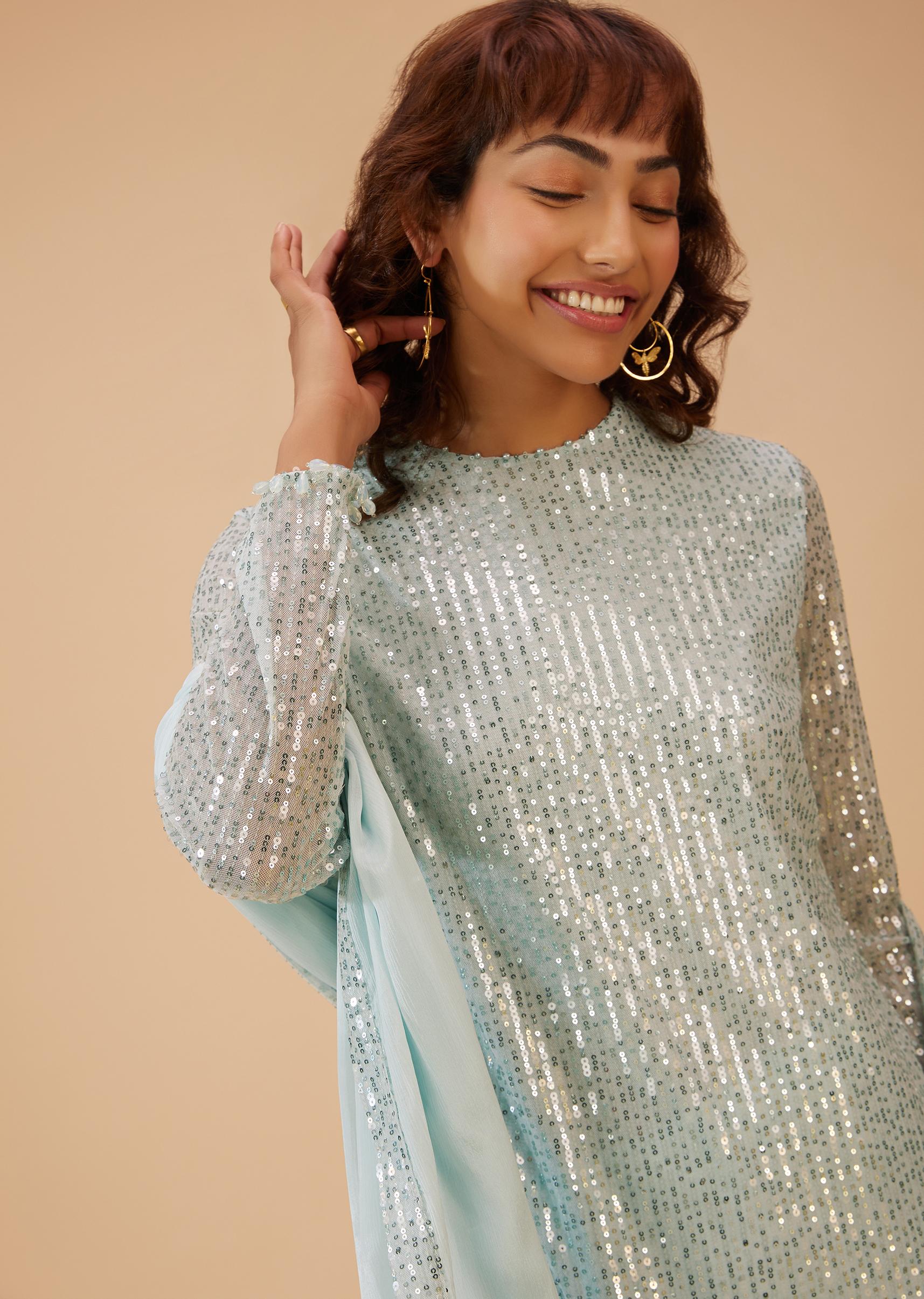 Kalki Fashion,SG117841,Powder Blue Palazzo Suit Set In Sequin