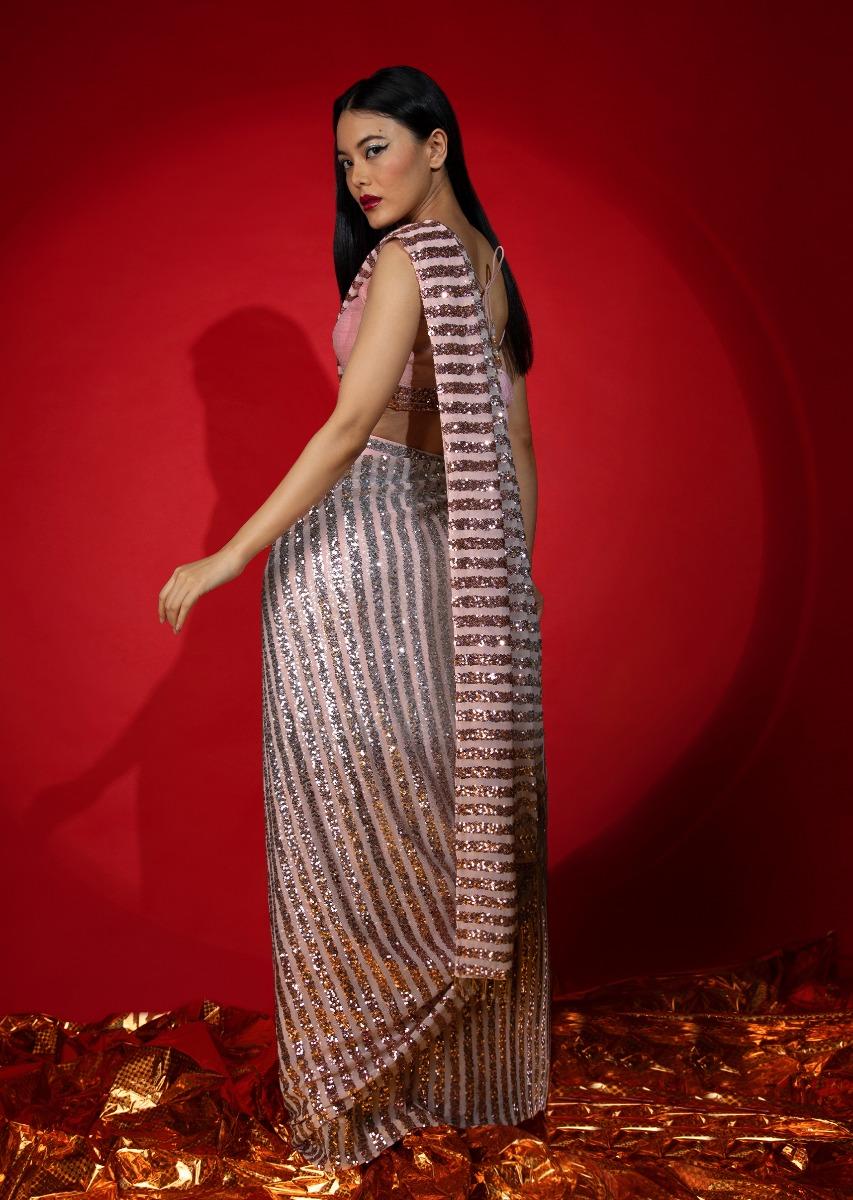 Kalki Fashion,M001AT369Y-SG61176,Rose Pink Ombre Ready Pleated Saree Embellished In Sequins With A Raw Silk Blouse Embellished With Sequins