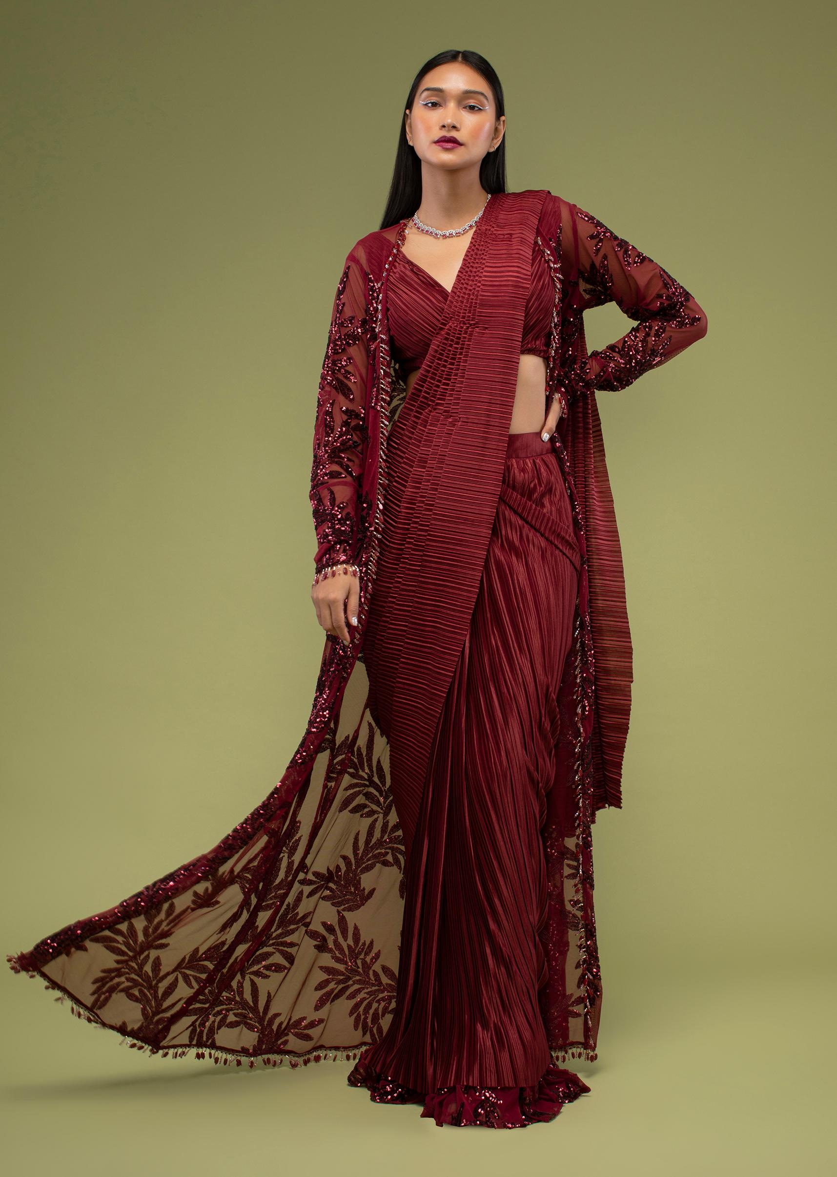 Kalki Fashion,M001RA645Y-SG99945,Rumba Red Ready Pleated Saree In The Crush, Paired With A Jacket Crafted In Net With Moti Fringes On The Border