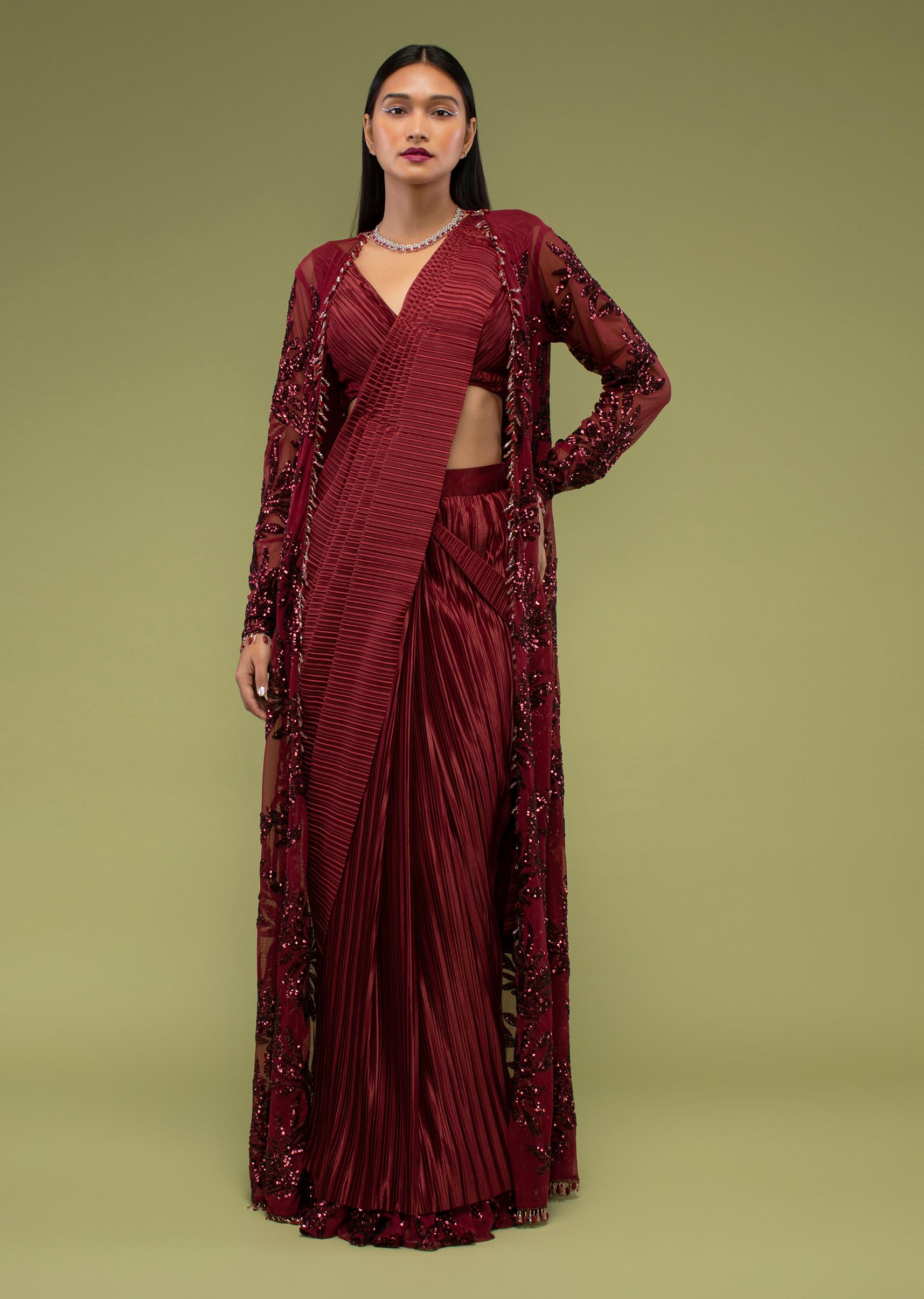 Kalki Fashion,M001RA645Y-SG99945,Rumba Red Ready Pleated Saree In The Crush, Paired With A Jacket Crafted In Net With Moti Fringes On The Border