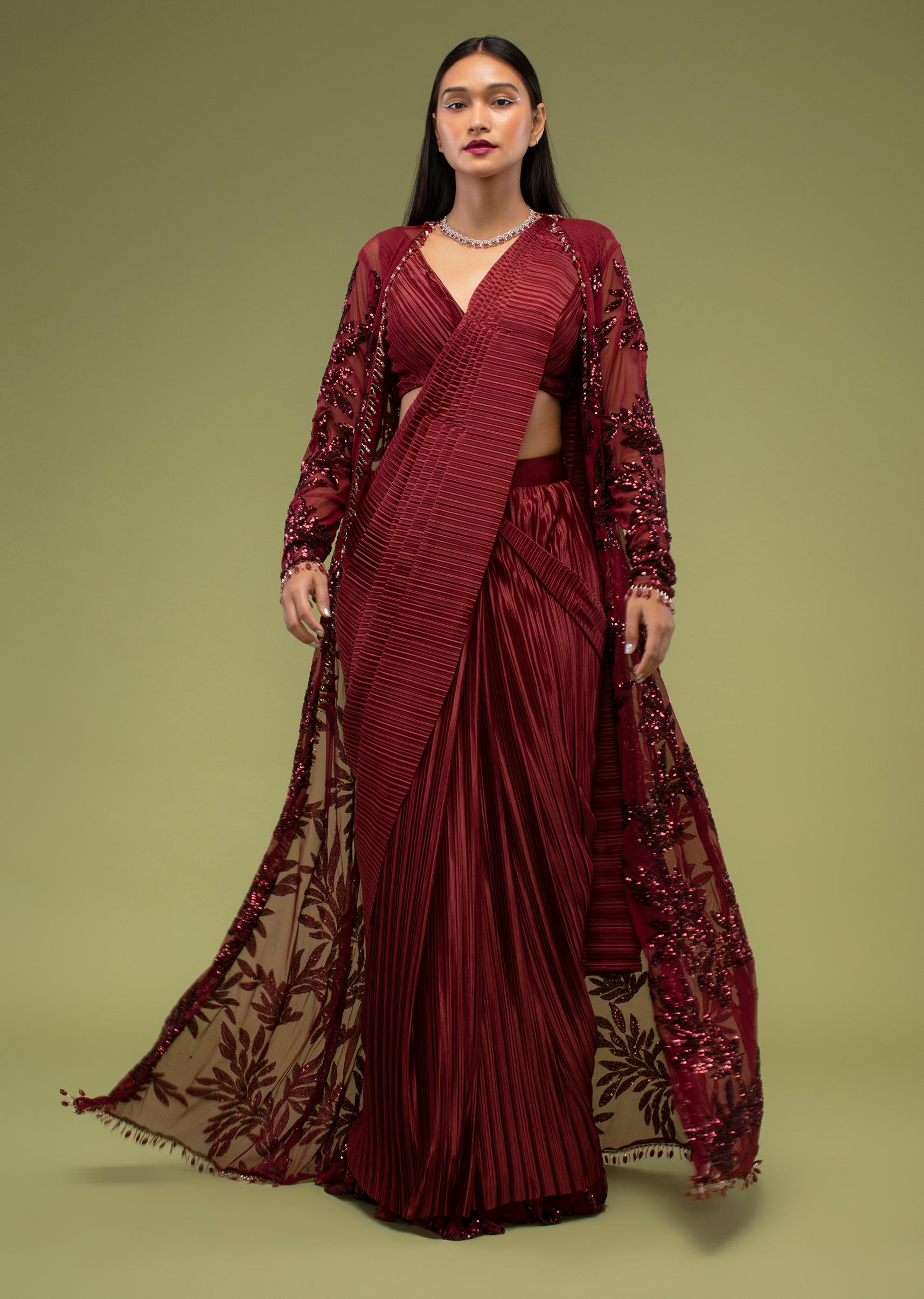 Kalki Fashion,M001RA645Y-SG99945,Rumba Red Ready Pleated Saree In The Crush, Paired With A Jacket Crafted In Net With Moti Fringes On The Border